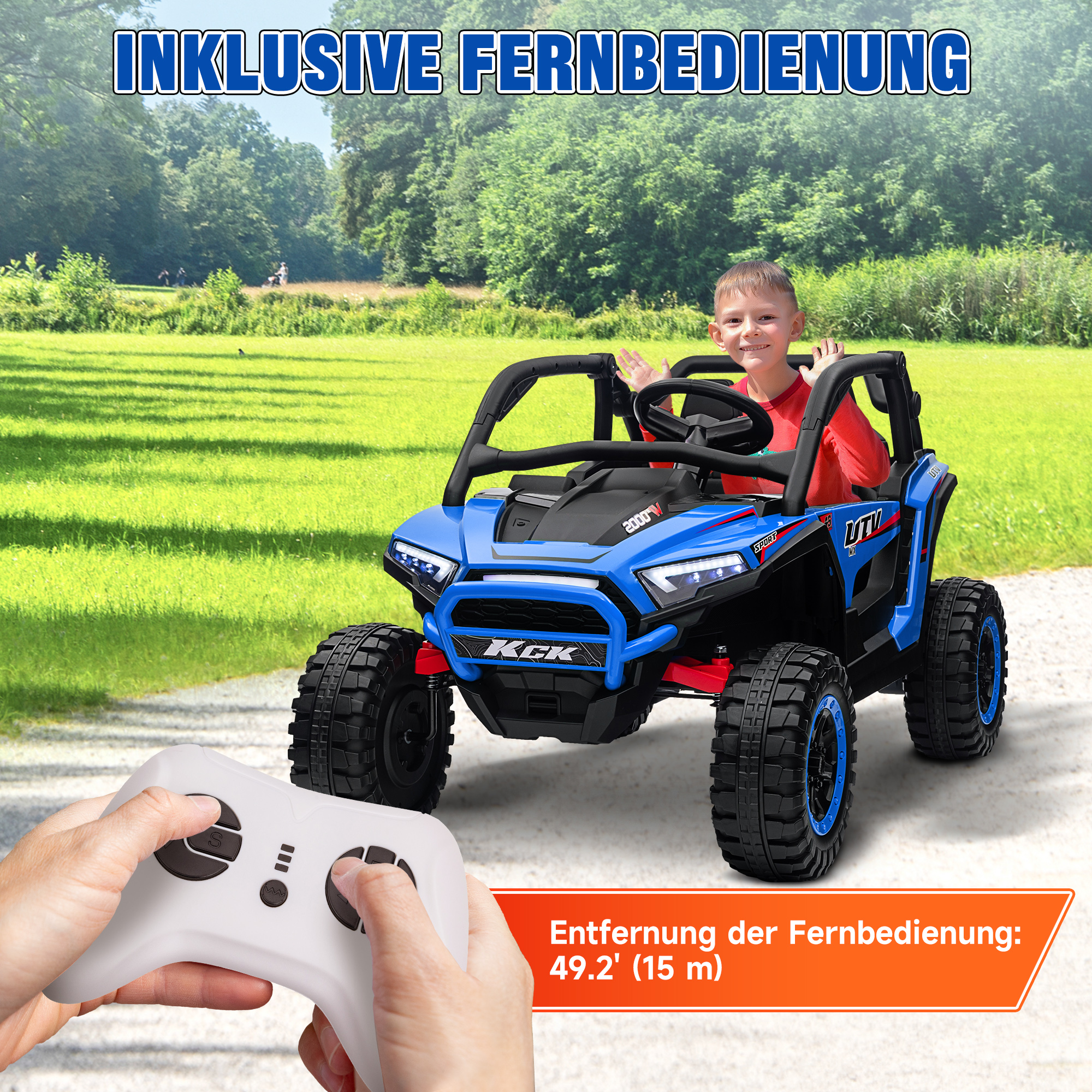 Laste elektriline UTV, 5–7 km/h, 2-kohaline, kaugjuhtimispult, muusika, tuled, sinine