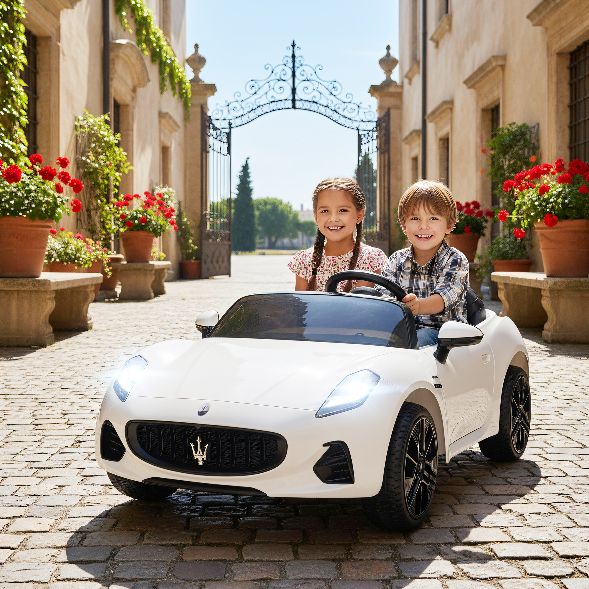 Maserati elektriauto lastele, 2-kohaline, 12V, valge, 120 x 72 x 50 cm