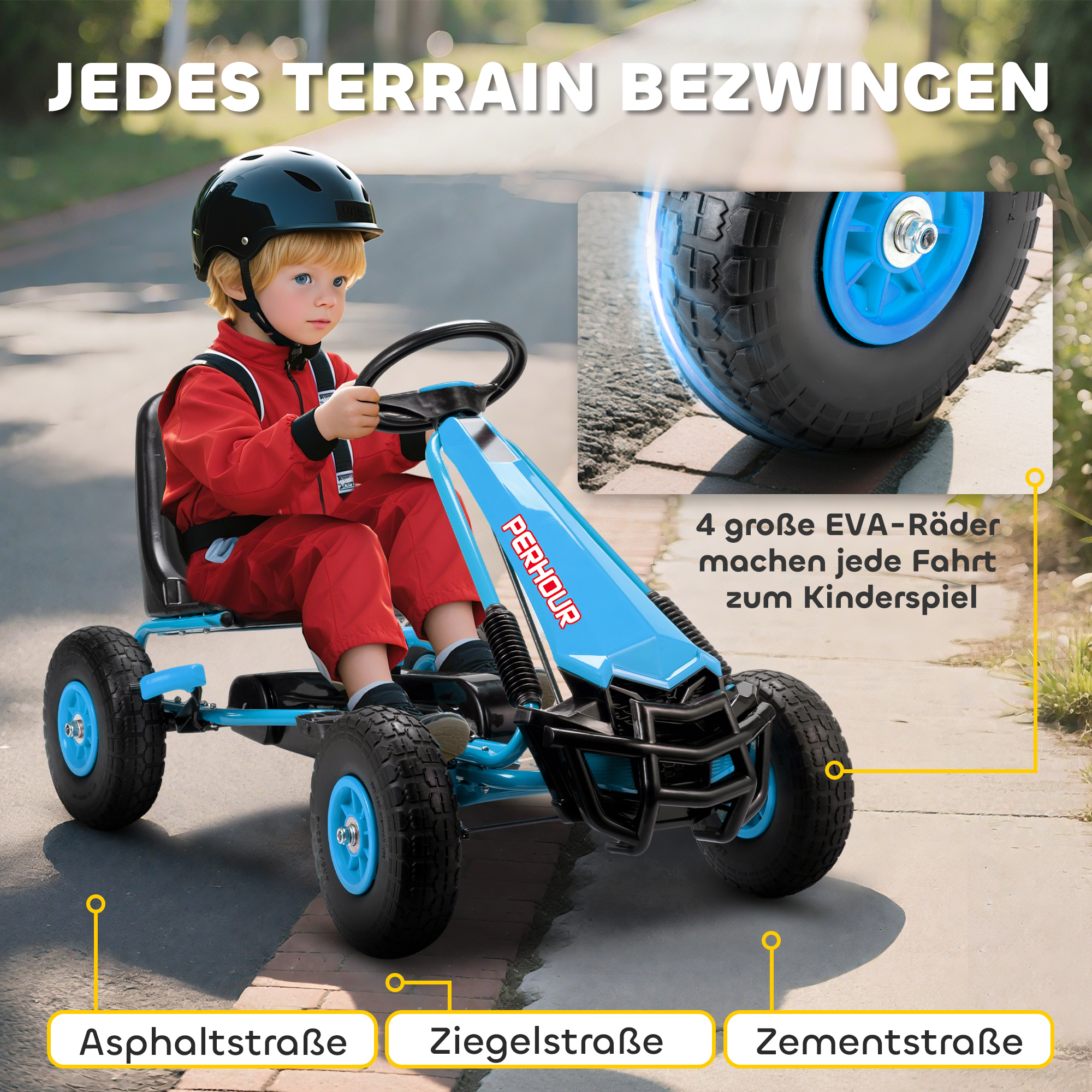 Pedalgo-kart lastele, reguleeritav iste, EVA-rattad, pidur, sidur, 3-8 aastat, sinine