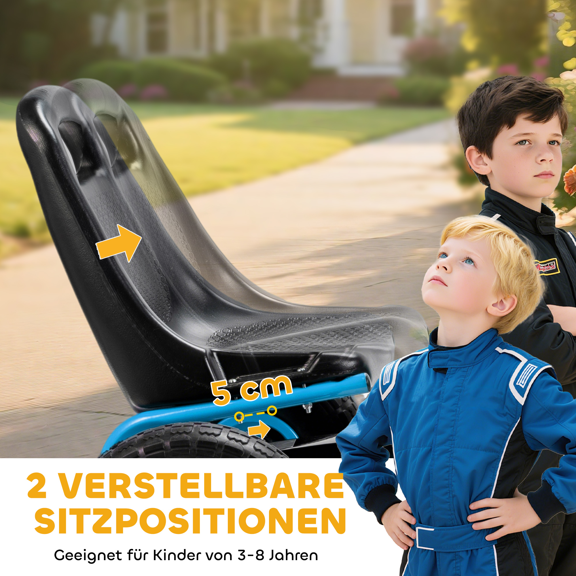 Pedalgo-kart lastele, reguleeritav iste, EVA-rattad, pidur, sidur, 3-8 aastat, sinine
