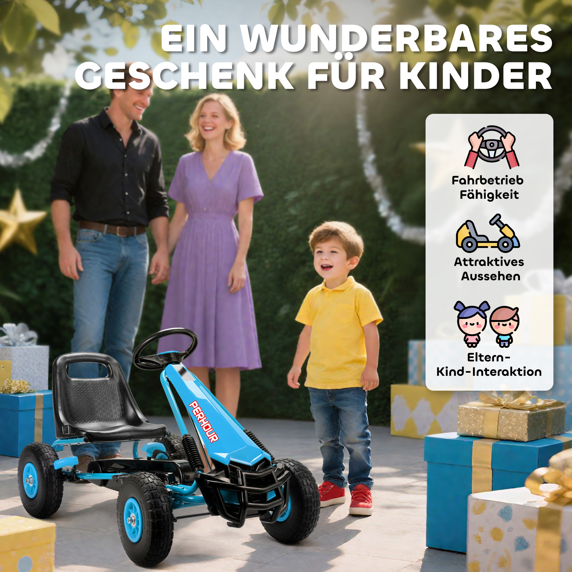 Pedalgo-kart lastele, reguleeritav iste, EVA-rattad, pidur, sidur, 3-8 aastat, sinine