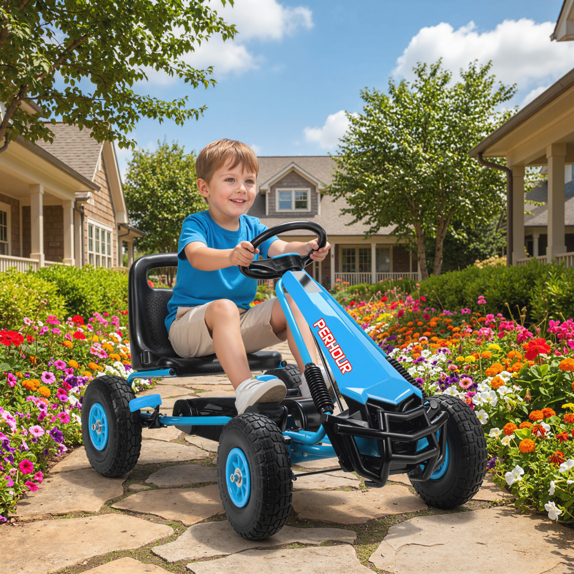 Pedalgo-kart lastele, reguleeritav iste, EVA-rattad, pidur, sidur, 3-8 aastat, sinine