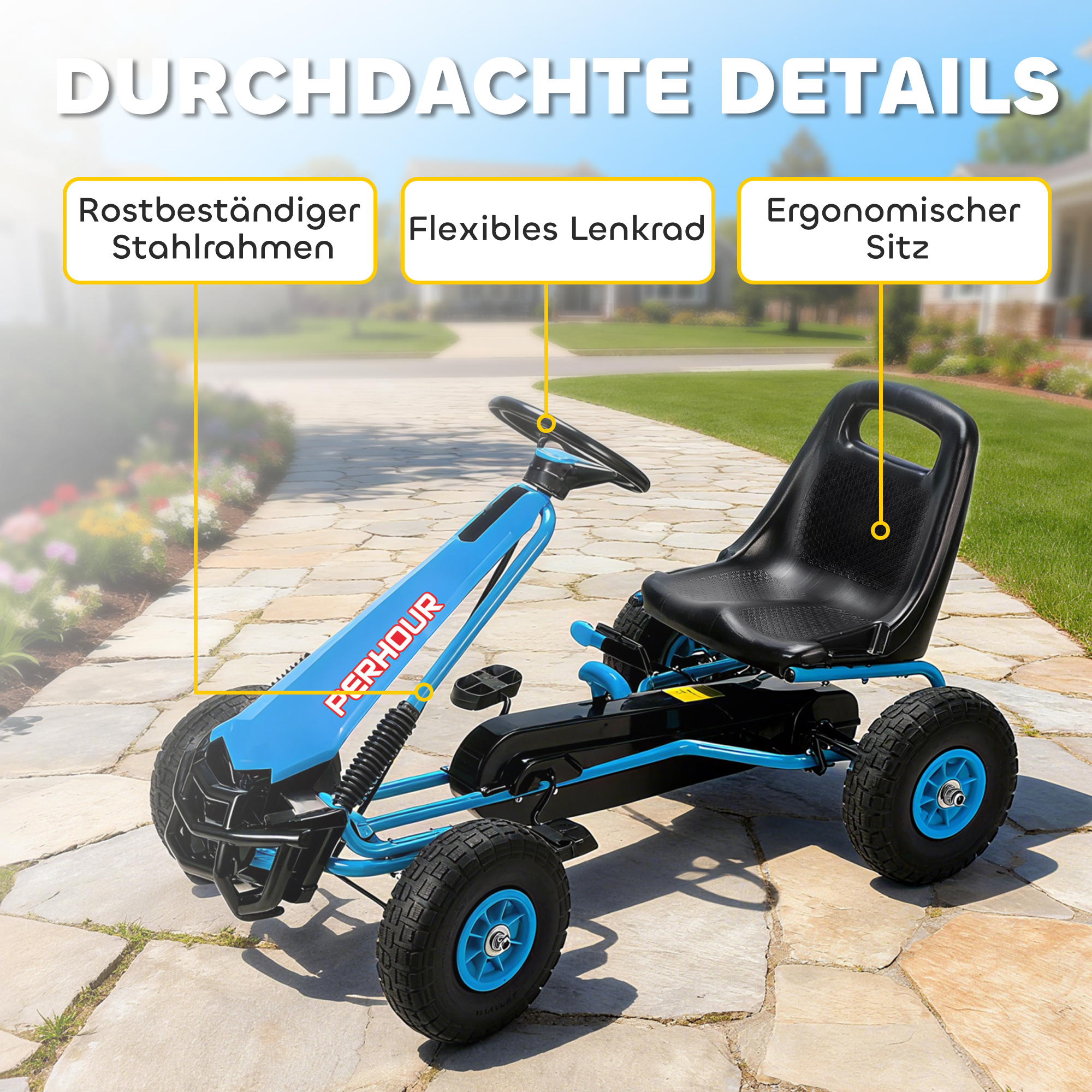 Pedalgo-kart lastele, reguleeritav iste, EVA-rattad, pidur, sidur, 3-8 aastat, sinine