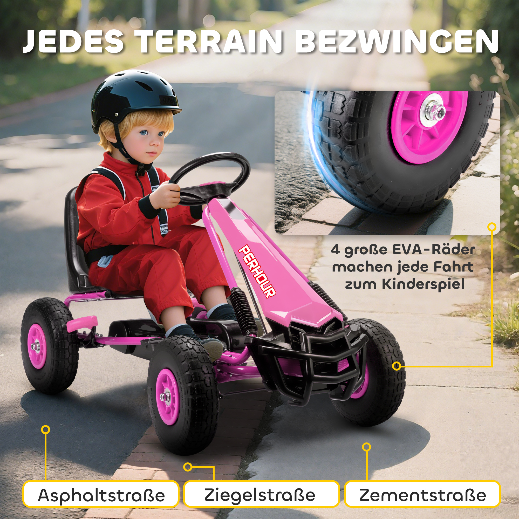 Pedal-gokart lastele, reguleeritav iste, EVA-rattad, roosa, 110 x 61 x 62 cm