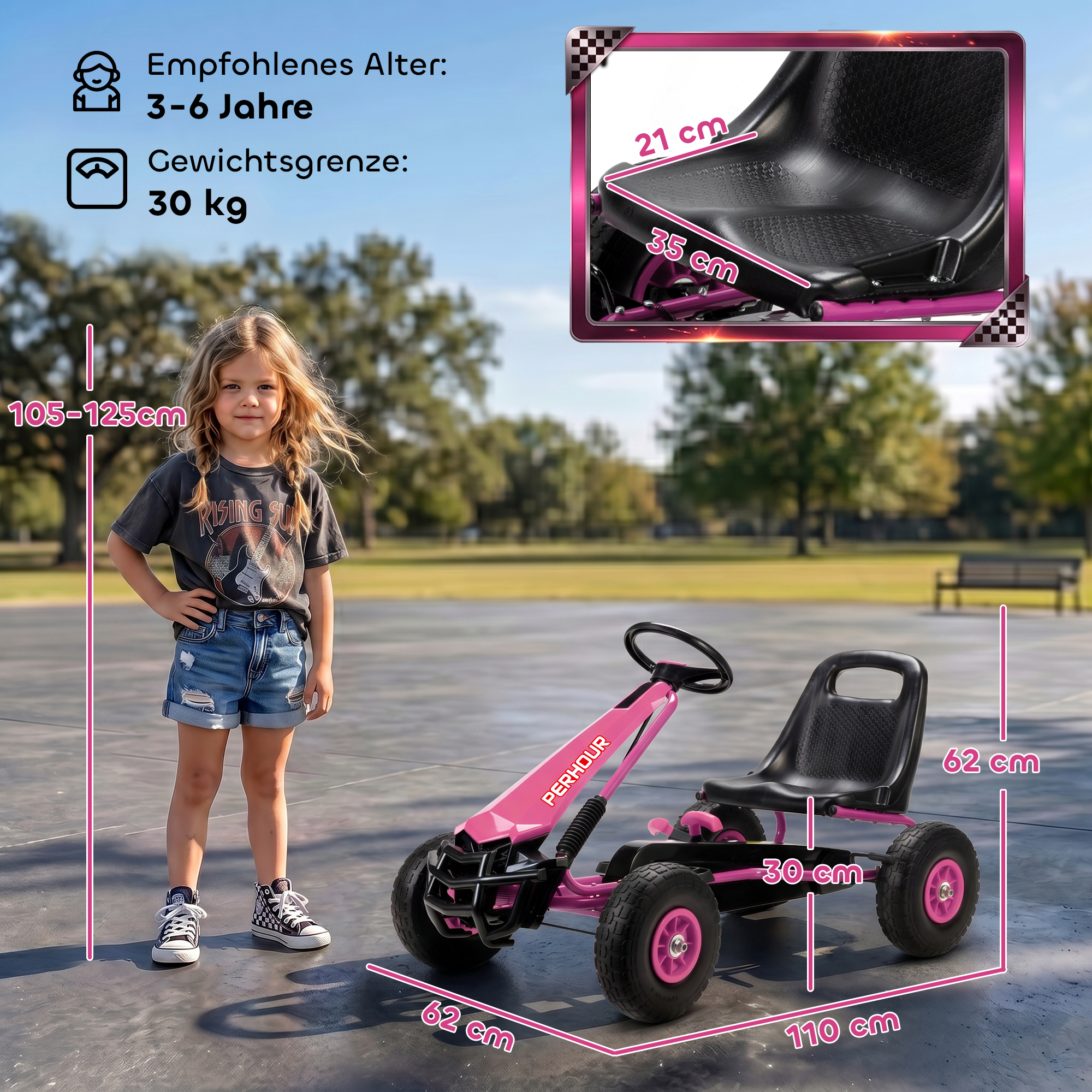 Pedal-gokart lastele, reguleeritav iste, EVA-rattad, roosa, 110 x 61 x 62 cm