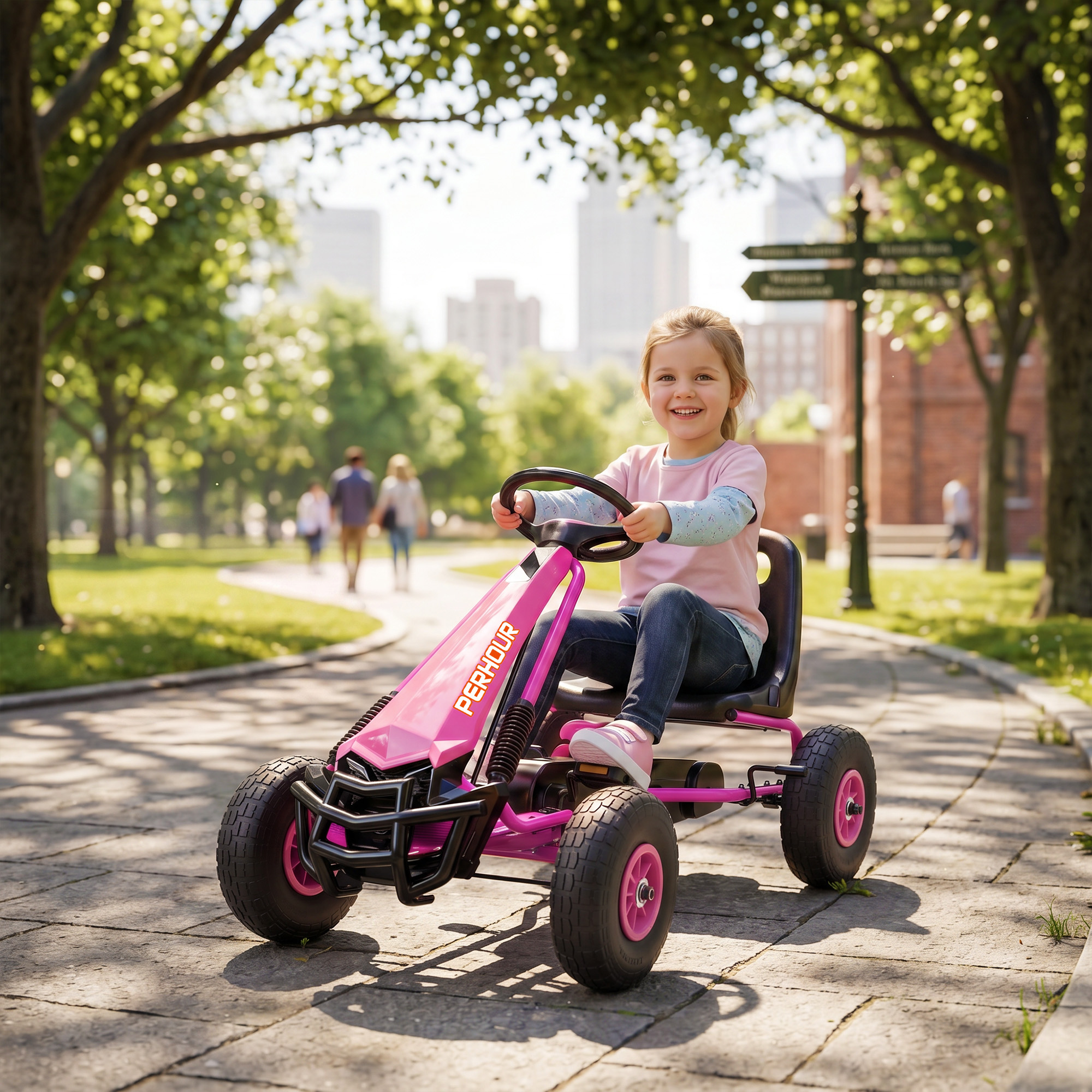 Pedal-gokart lastele, reguleeritav iste, EVA-rattad, roosa, 110 x 61 x 62 cm