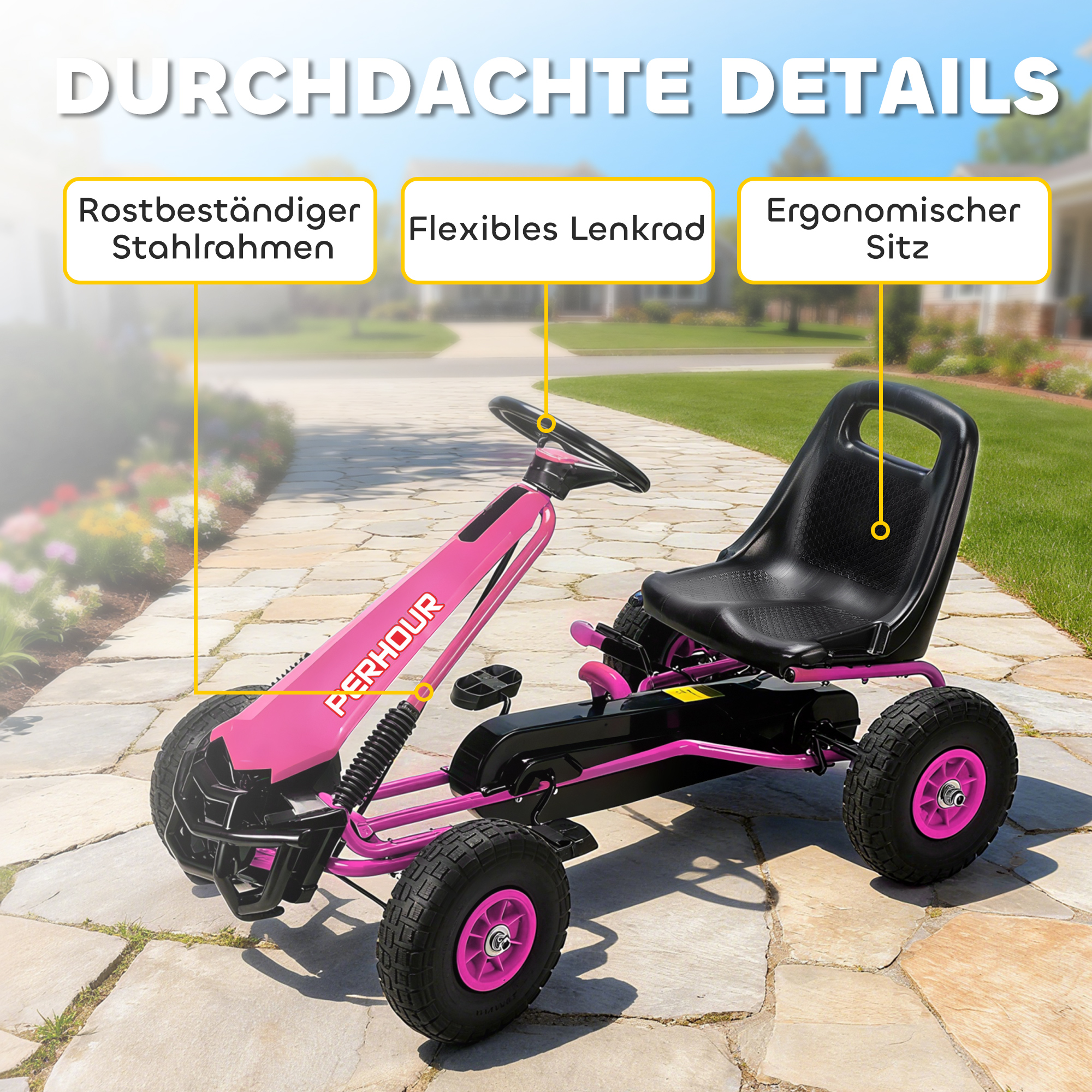 Pedal-gokart lastele, reguleeritav iste, EVA-rattad, roosa, 110 x 61 x 62 cm