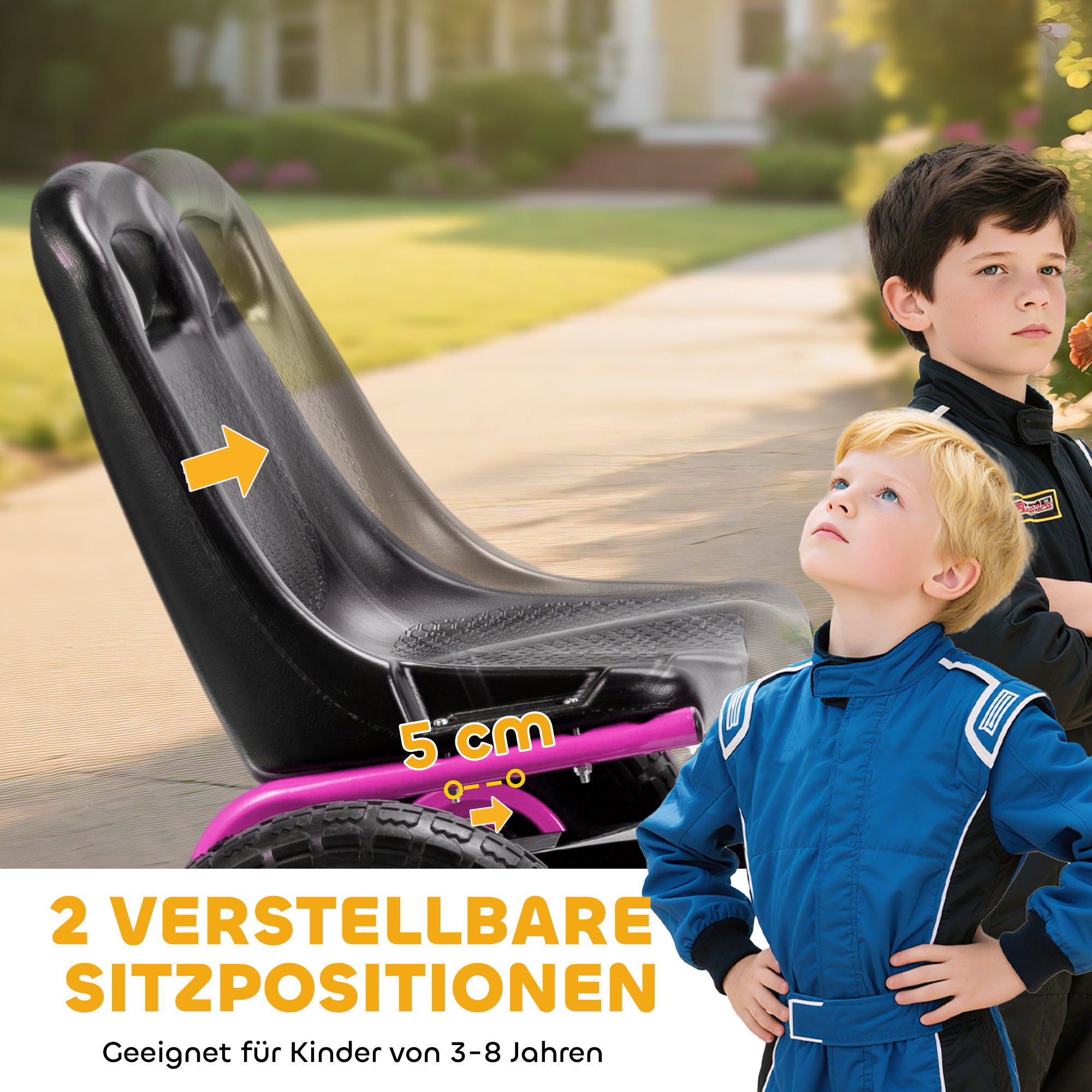 Pedal-gokart lastele, reguleeritav iste, EVA-rattad, roosa, 110 x 61 x 62 cm