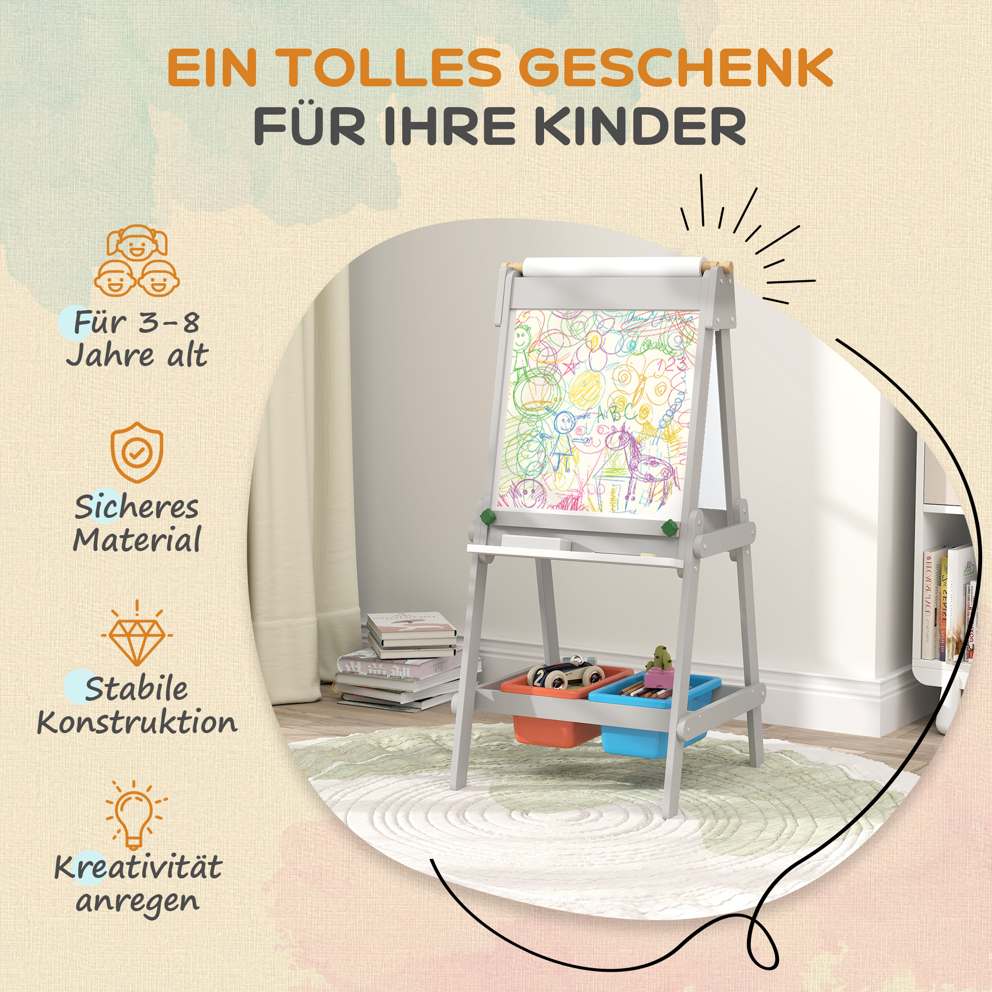 Kahepoolne laste molbert tahvli, paberirulli, kriiditahvli ja valge tahvliga, 3-in-1, hall, 51 x 50 x 108 cm
