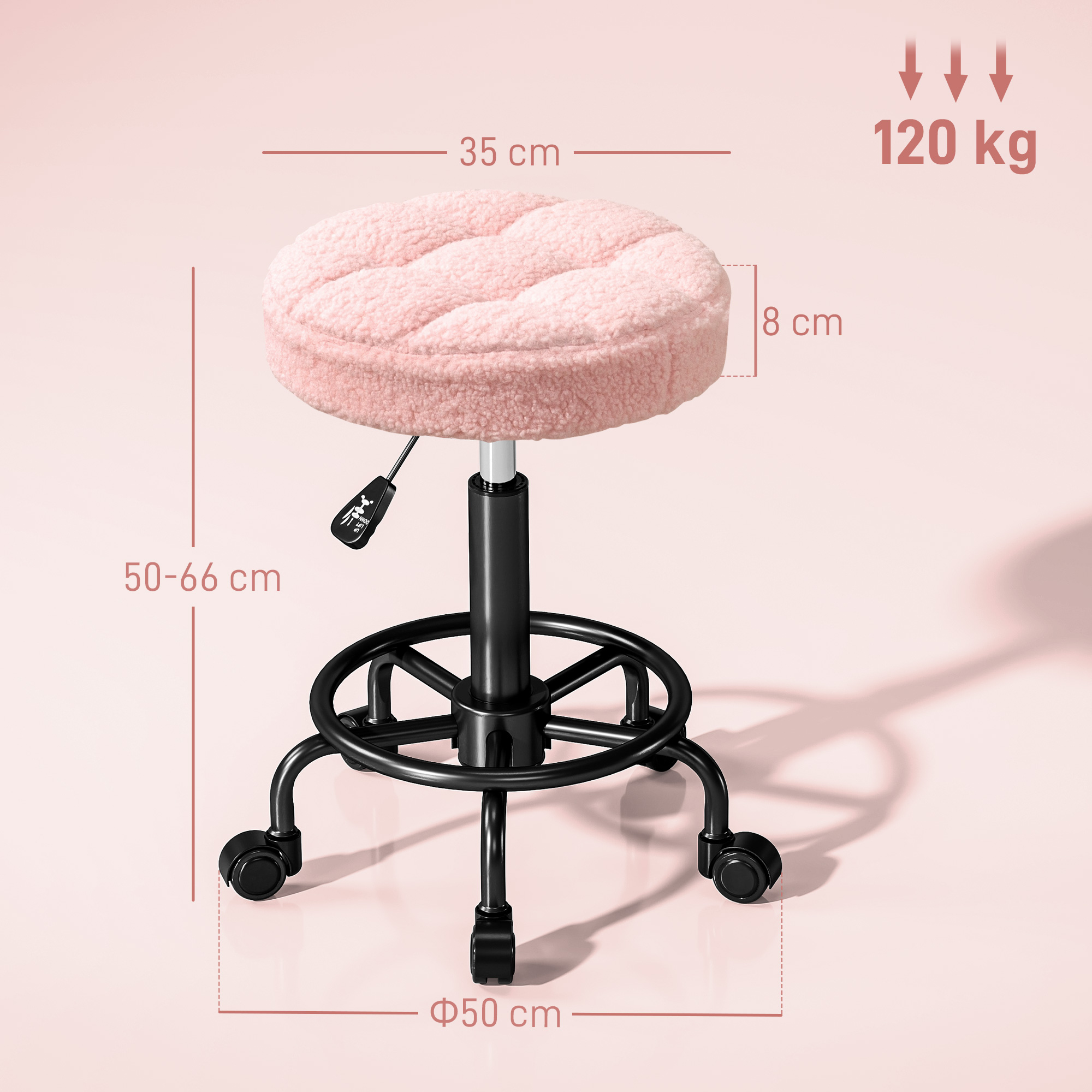 Reguleeritava kõrgusega ratastel taburet, roosa, Ø50 x 50-66 cm