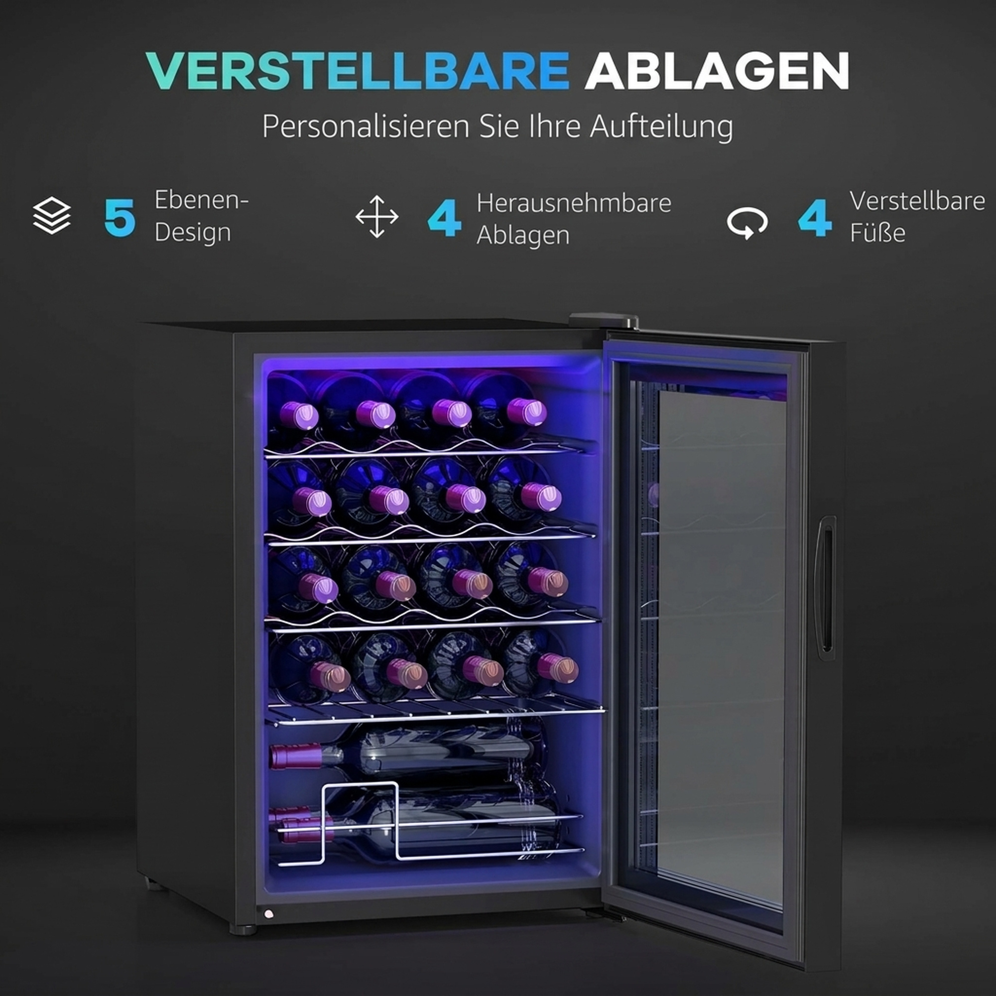 Väike veinijahuti, mini külmik 20 pudelile, 53 l, klaasuks, LED-valgustus, must