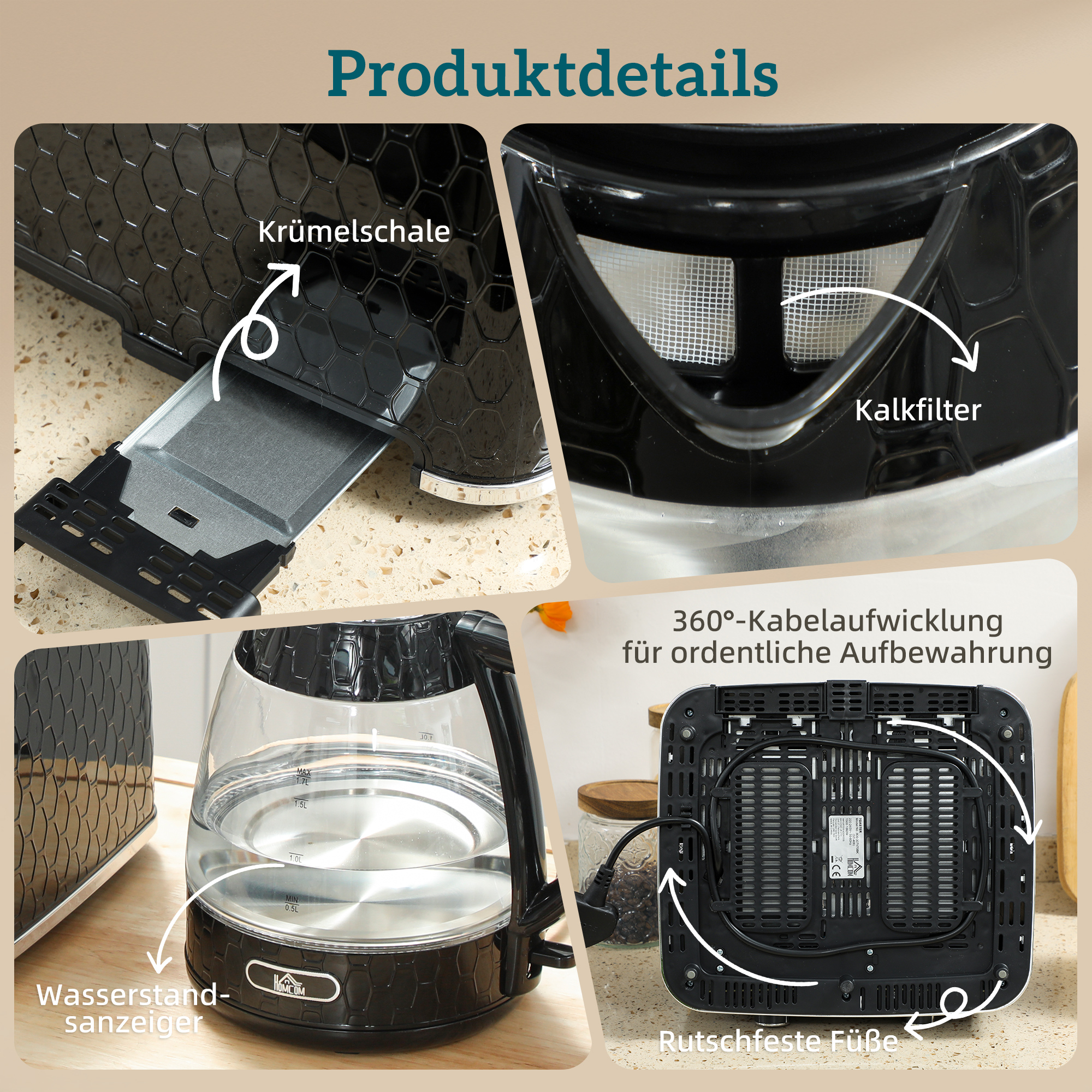 1,7 l 2200 W kiirkeetja ja 4 viilu rösteri komplekt, must
