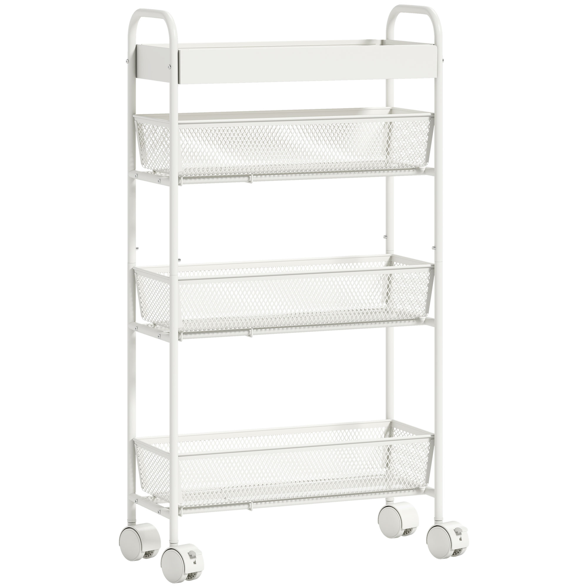 Köögikäru metallist, 3 korvi, kitsas disain, 4 ratast, valge, 43,2 x 19 x 80 cm