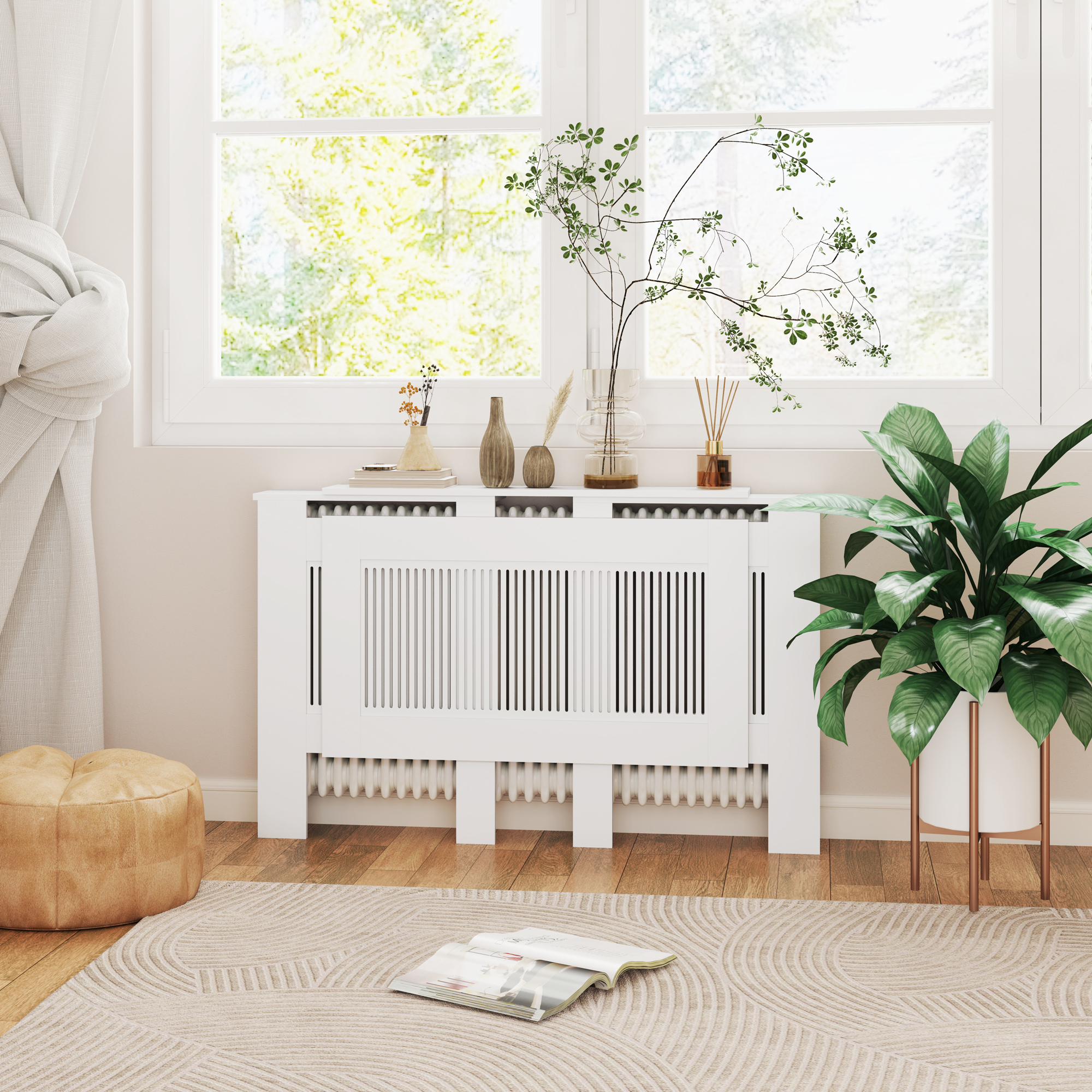 Radiaatori kate, lamellidega, reguleeritav pikkus 125-201 cm, MDF, valge