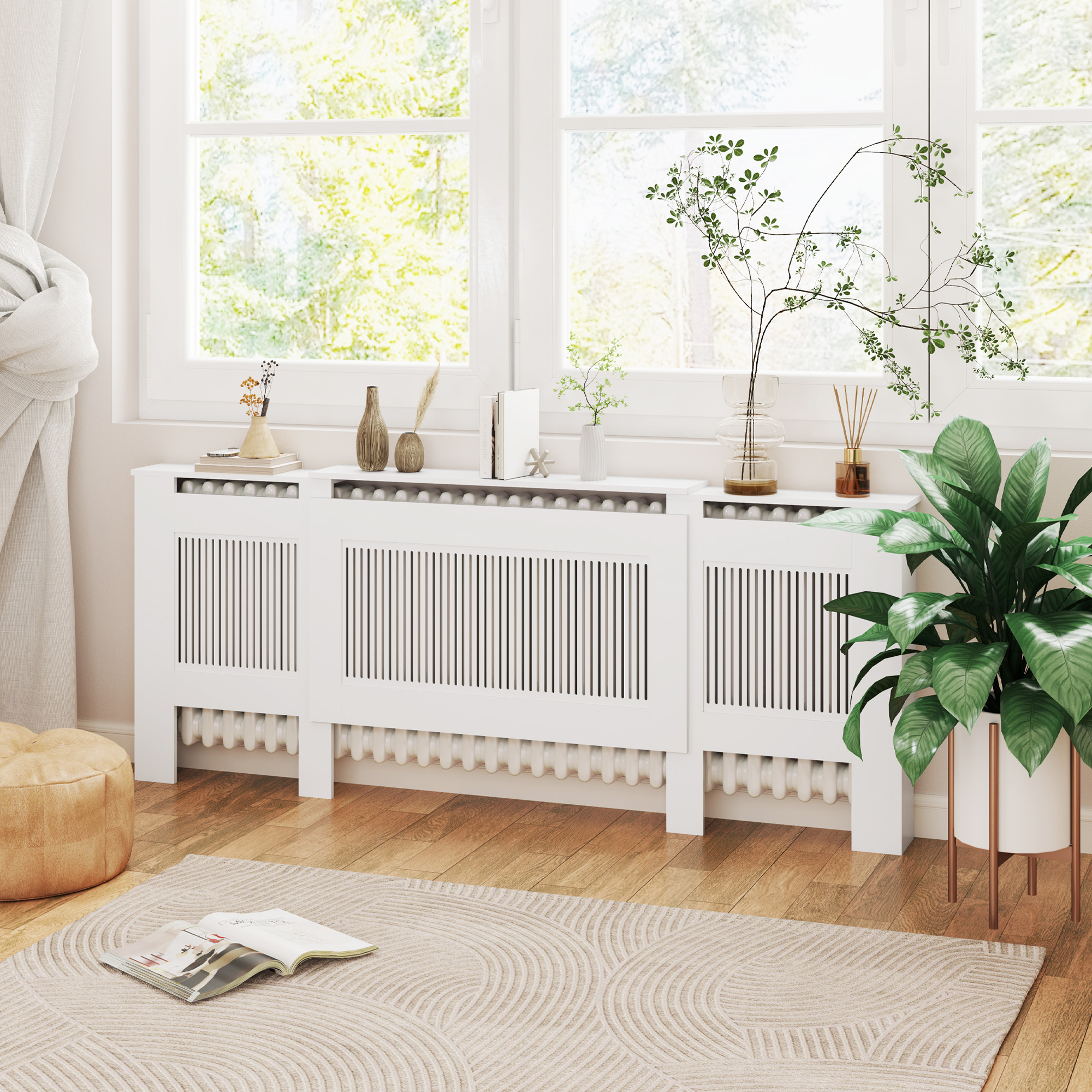 Radiaatori kate, lamellidega, reguleeritav pikkus 125-201 cm, MDF, valge