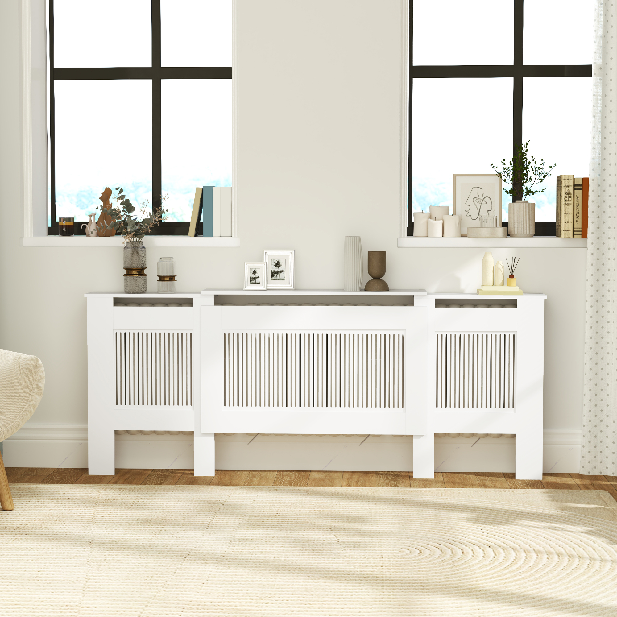 Radiaatori kate, lamellidega, reguleeritav pikkus 125-201 cm, MDF, valge