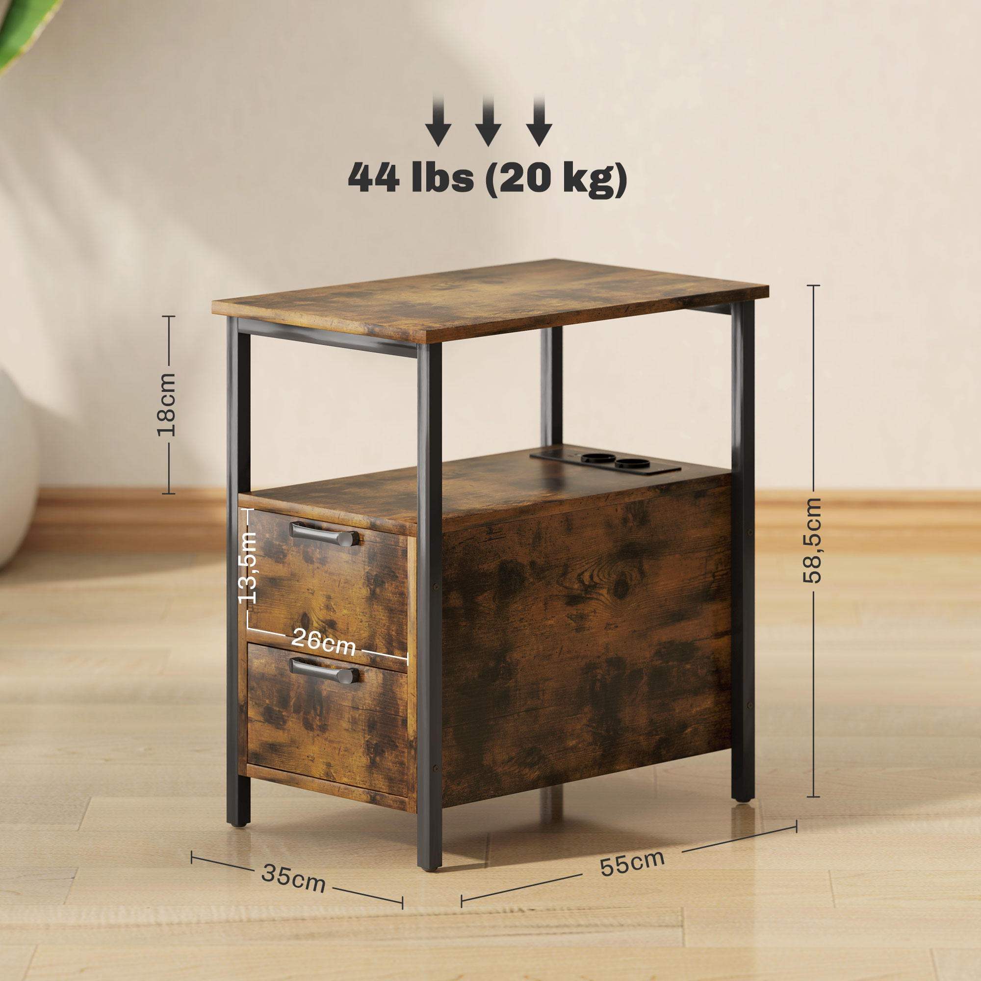 Lauda laadimisjaamaga, USB-ühendusega, 2 sahtliga, rustikaalne pruun, 55 x 35 x 58,5 cm