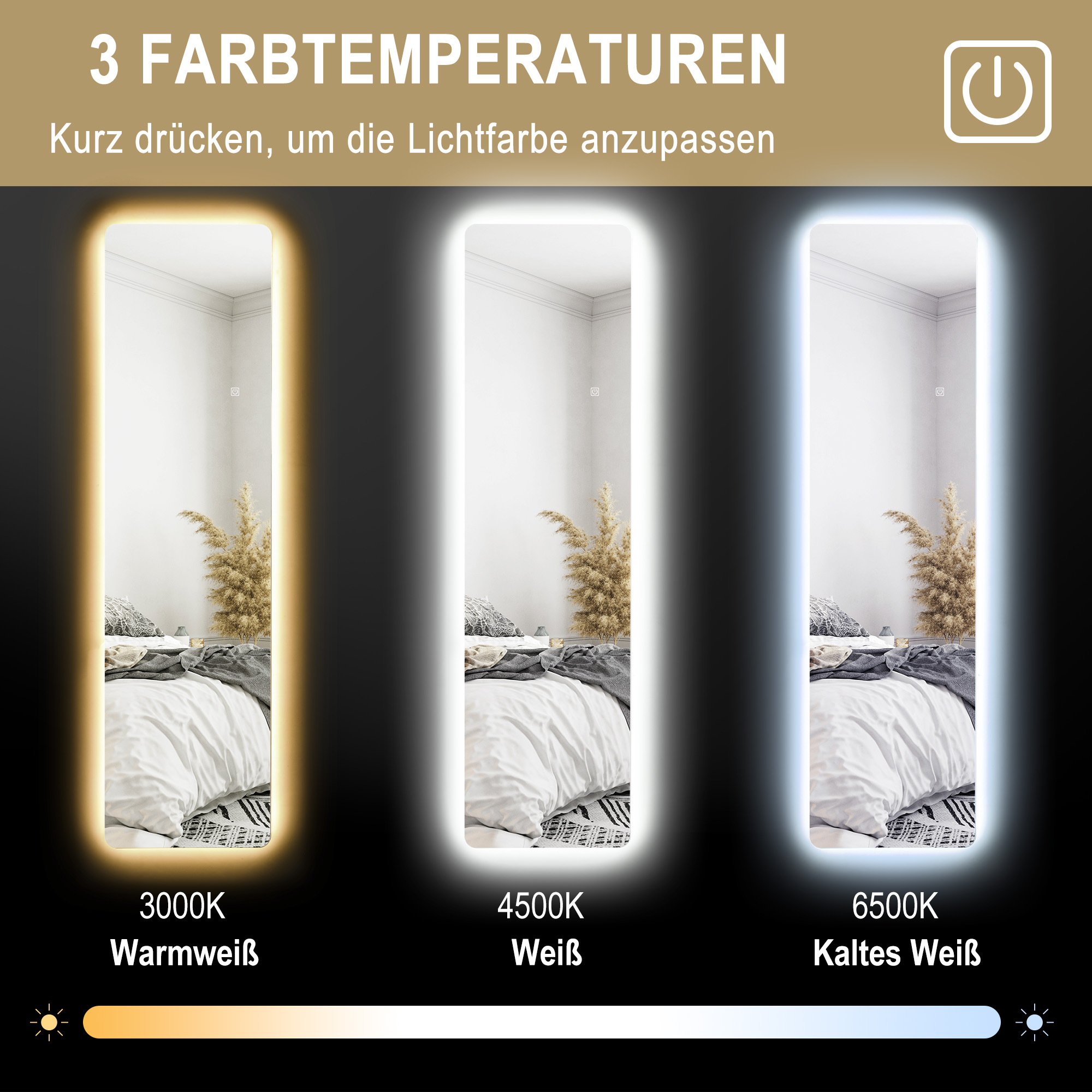 LED täispikk peegel, puutetundlik juhtimine, dimmerdatav, raamita, 40 x 150 cm