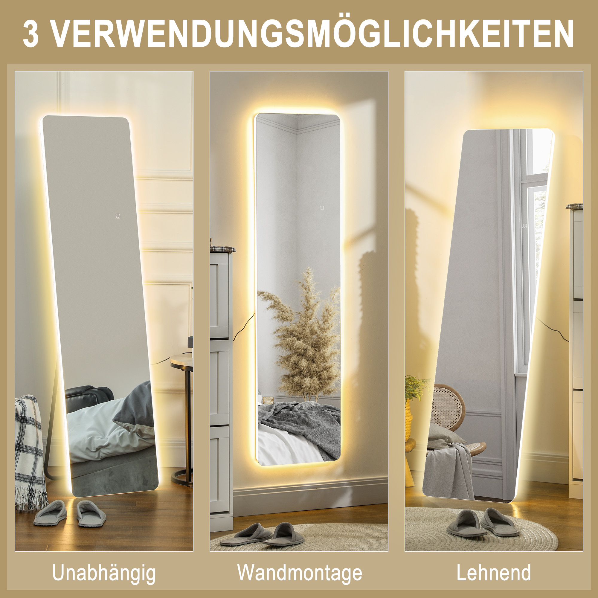 LED täispikk peegel, puutetundlik juhtimine, dimmerdatav, raamita, 40 x 150 cm