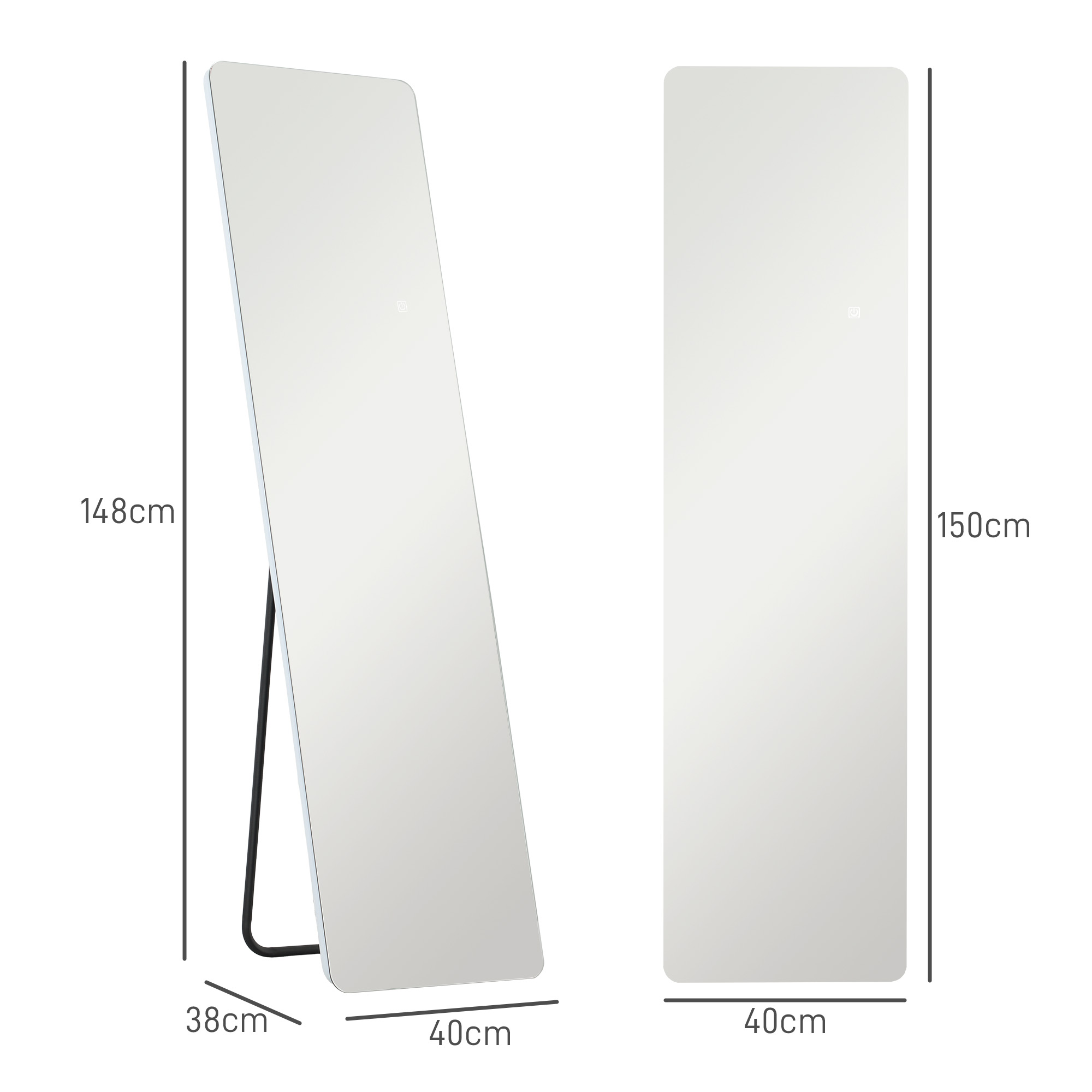 LED täispikk peegel, puutetundlik juhtimine, dimmerdatav, raamita, 40 x 150 cm