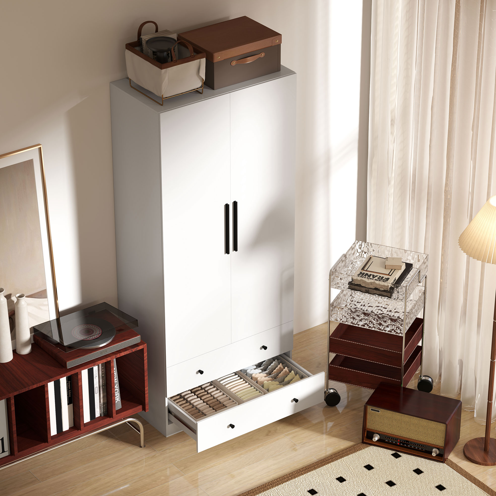 Riidekapp, 2 ust, riputusosa, 2 sahtlit, MDF, valge, 79 x 43 x 180 cm