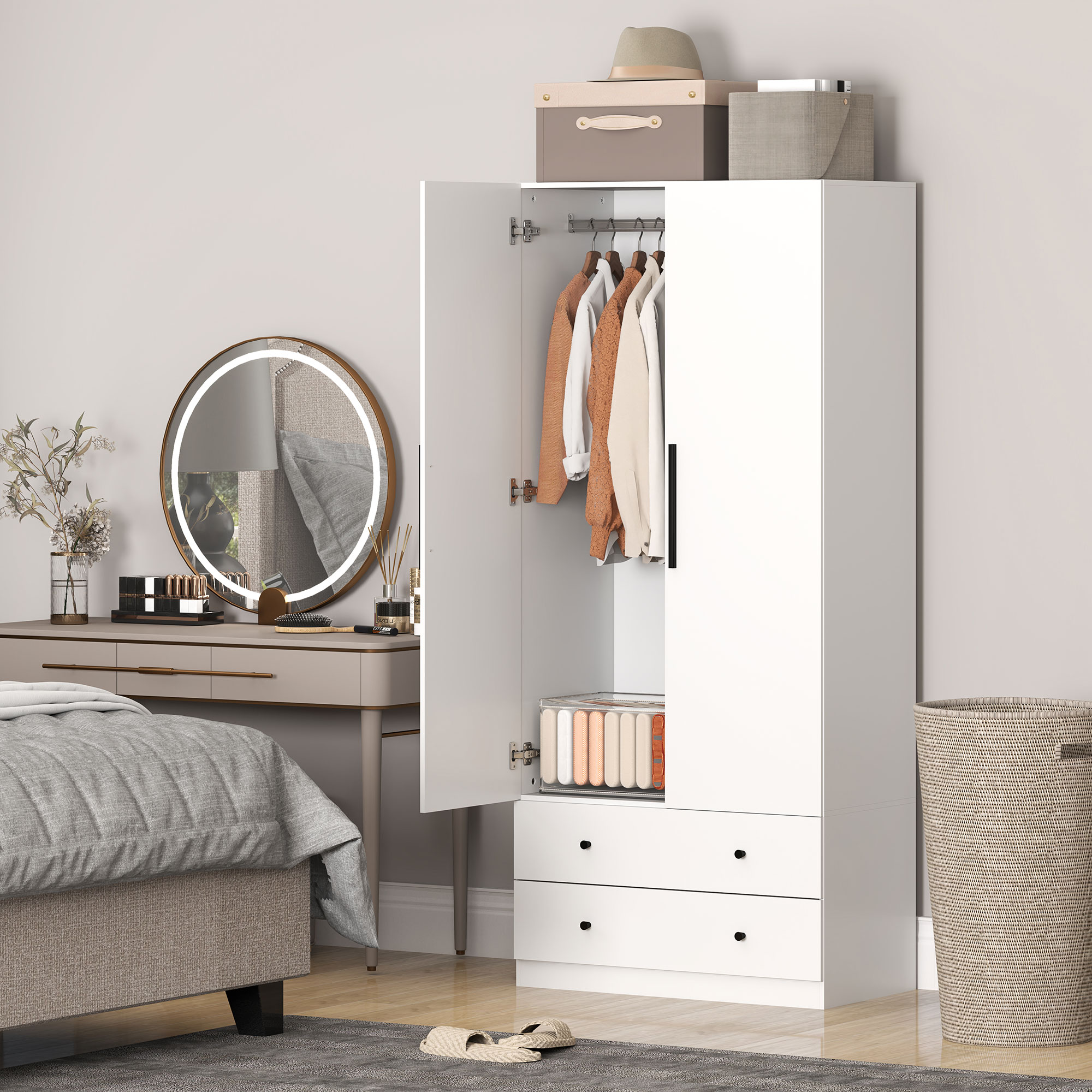 Riidekapp, 2 ust, riputusosa, 2 sahtlit, MDF, valge, 79 x 43 x 180 cm
