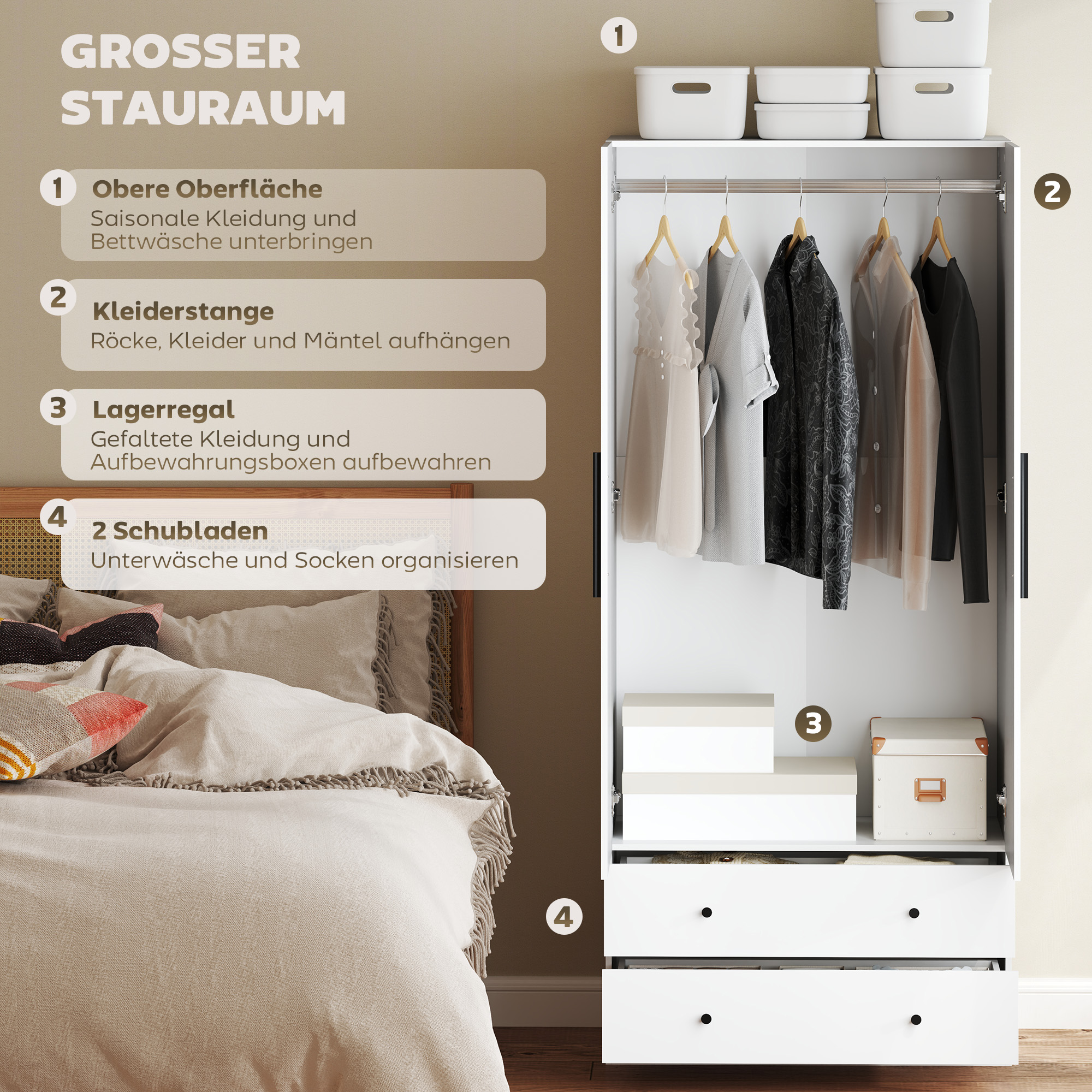 Riidekapp, 2 ust, riputusosa, 2 sahtlit, MDF, valge, 79 x 43 x 180 cm