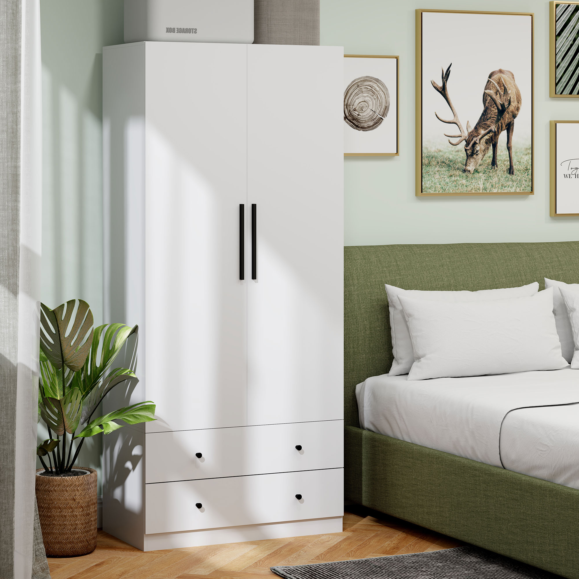 Riidekapp, 2 ust, riputusosa, 2 sahtlit, MDF, valge, 79 x 43 x 180 cm