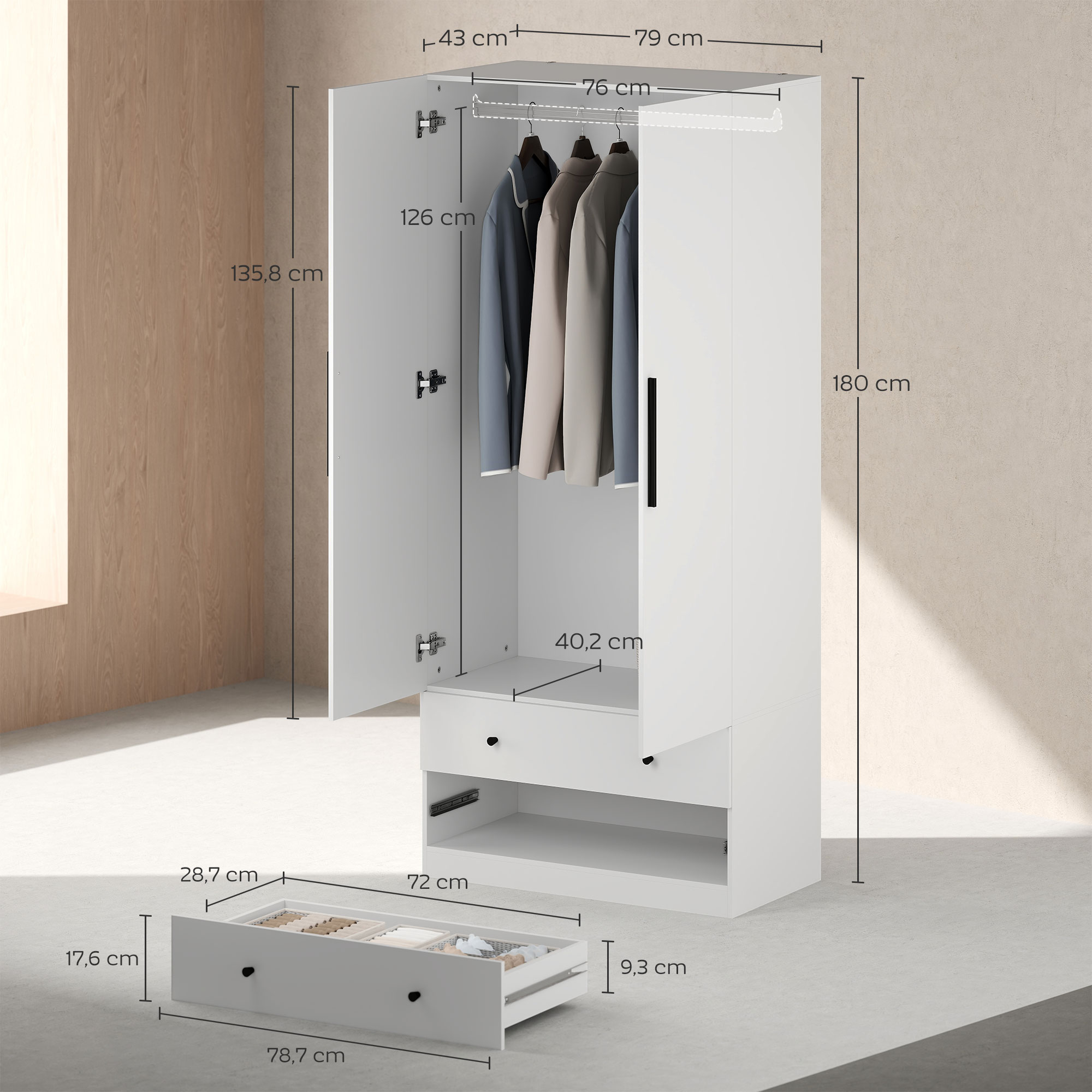 Riidekapp, 2 ust, riputusosa, 2 sahtlit, MDF, valge, 79 x 43 x 180 cm
