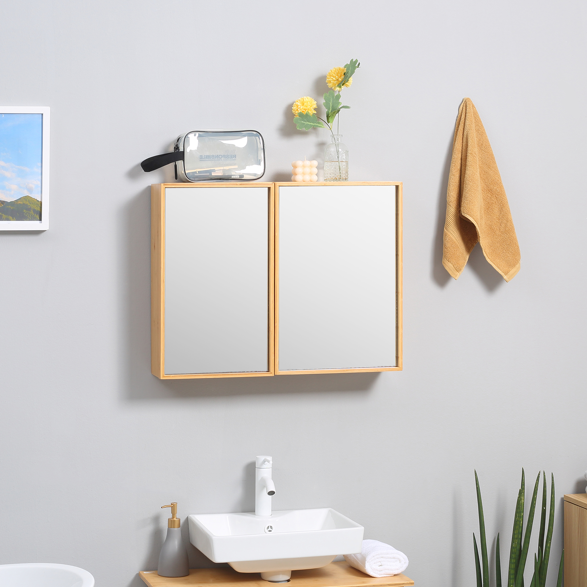 Peeglitega vannikapp 4 sisemisektsiooniga, bambus, naturaalne, 65,2 x 14 x 50 cm