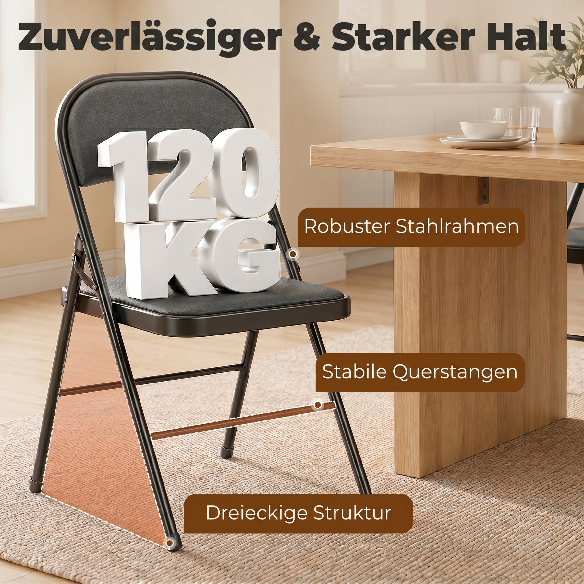 4-osaline kokkupandavate toolide komplekt, mustad, kunstnahast, 120 kg, 45 x 46 x 78 cm