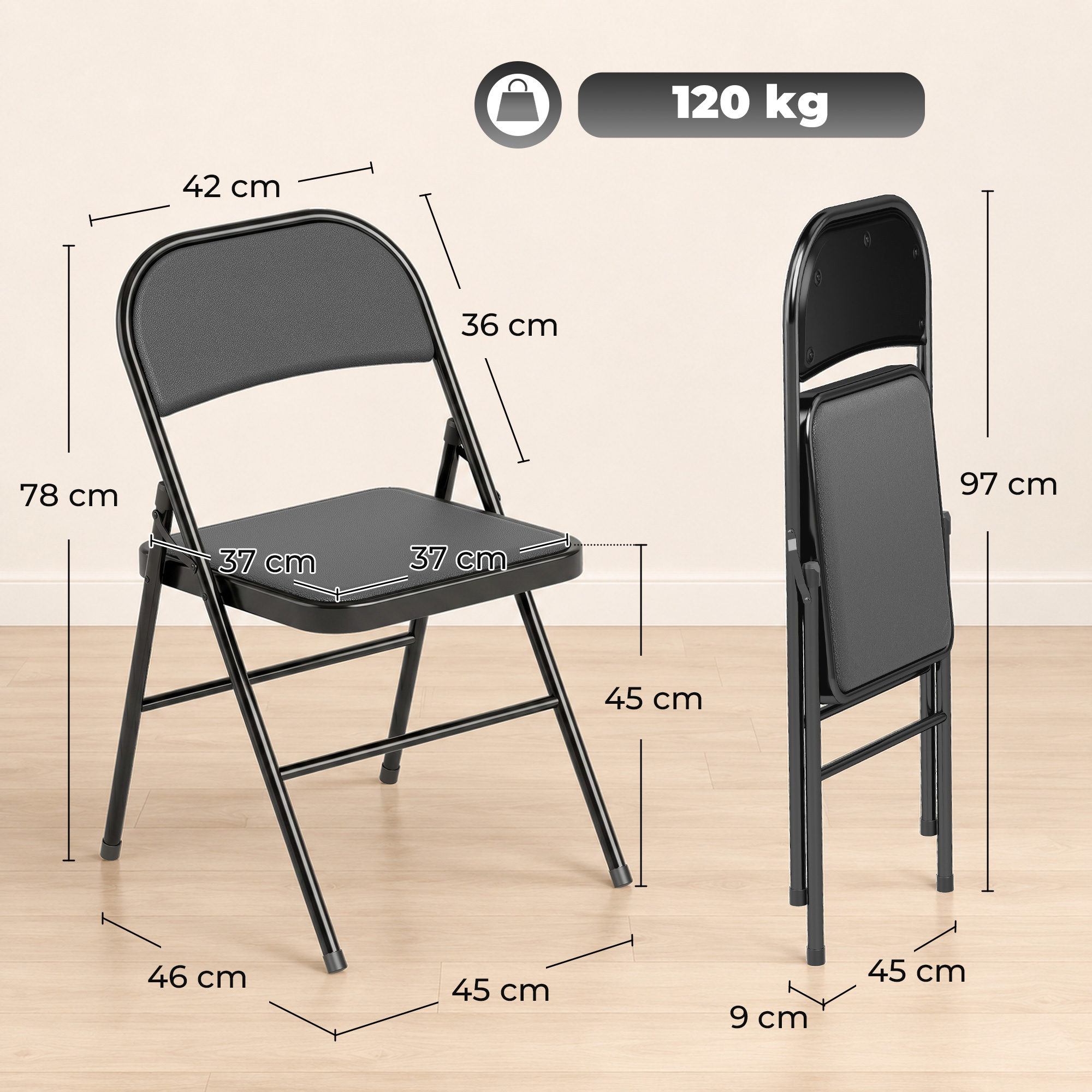 4-osaline kokkupandavate toolide komplekt, mustad, kunstnahast, 120 kg, 45 x 46 x 78 cm