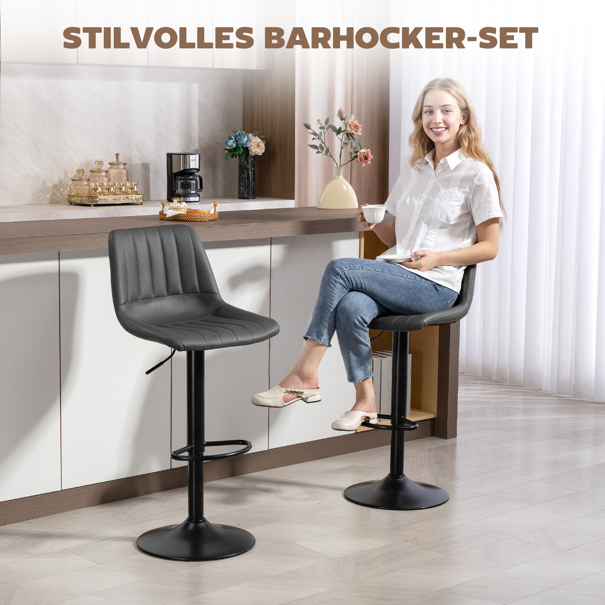 Retro stiilis baaritoolide 2-osaline komplekt, jalatoega, reguleeritava kõrgusega, tumehall, 43 x 49,5 x 91-111 cm