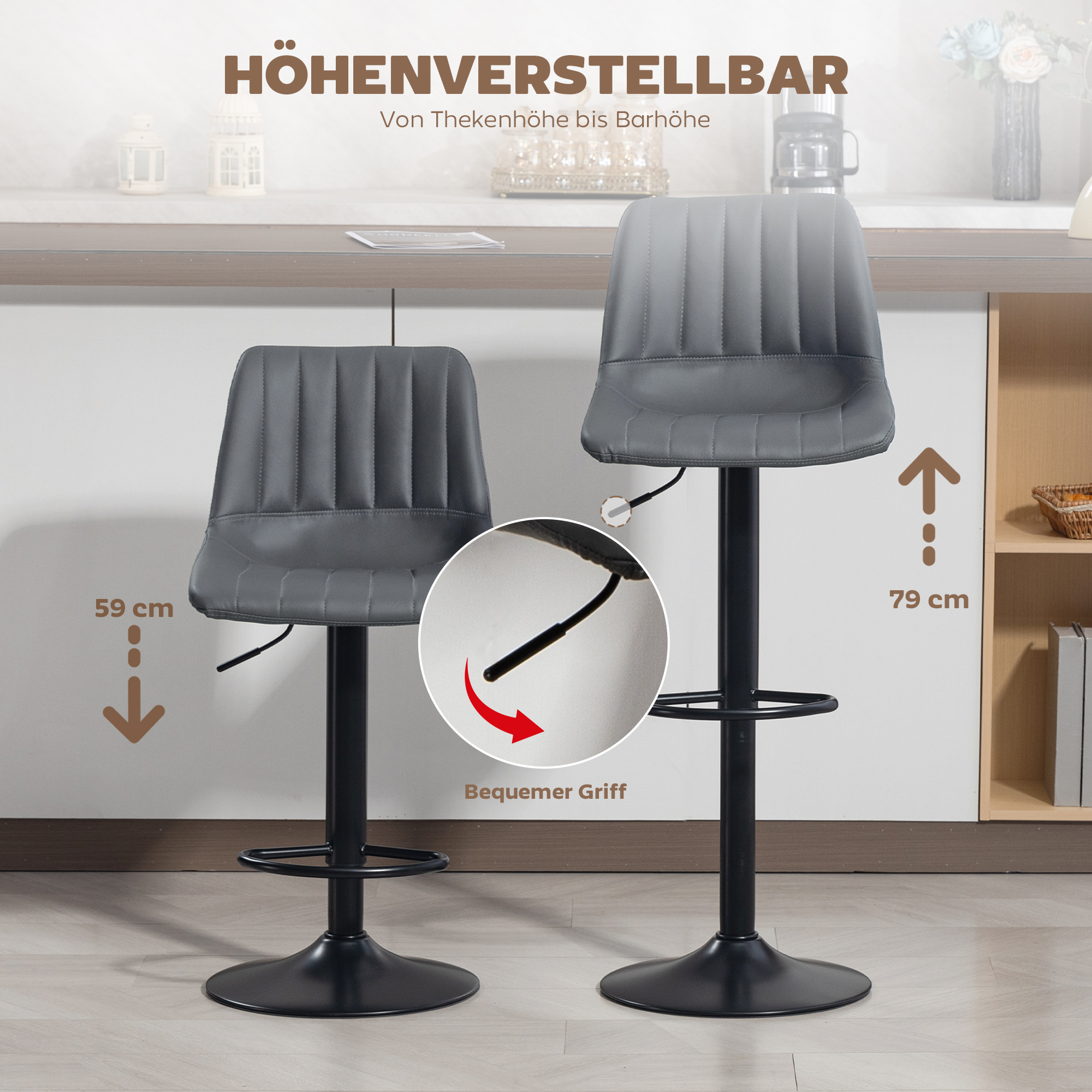 Retro stiilis baaritoolide 2-osaline komplekt, jalatoega, reguleeritava kõrgusega, tumehall, 43 x 49,5 x 91-111 cm