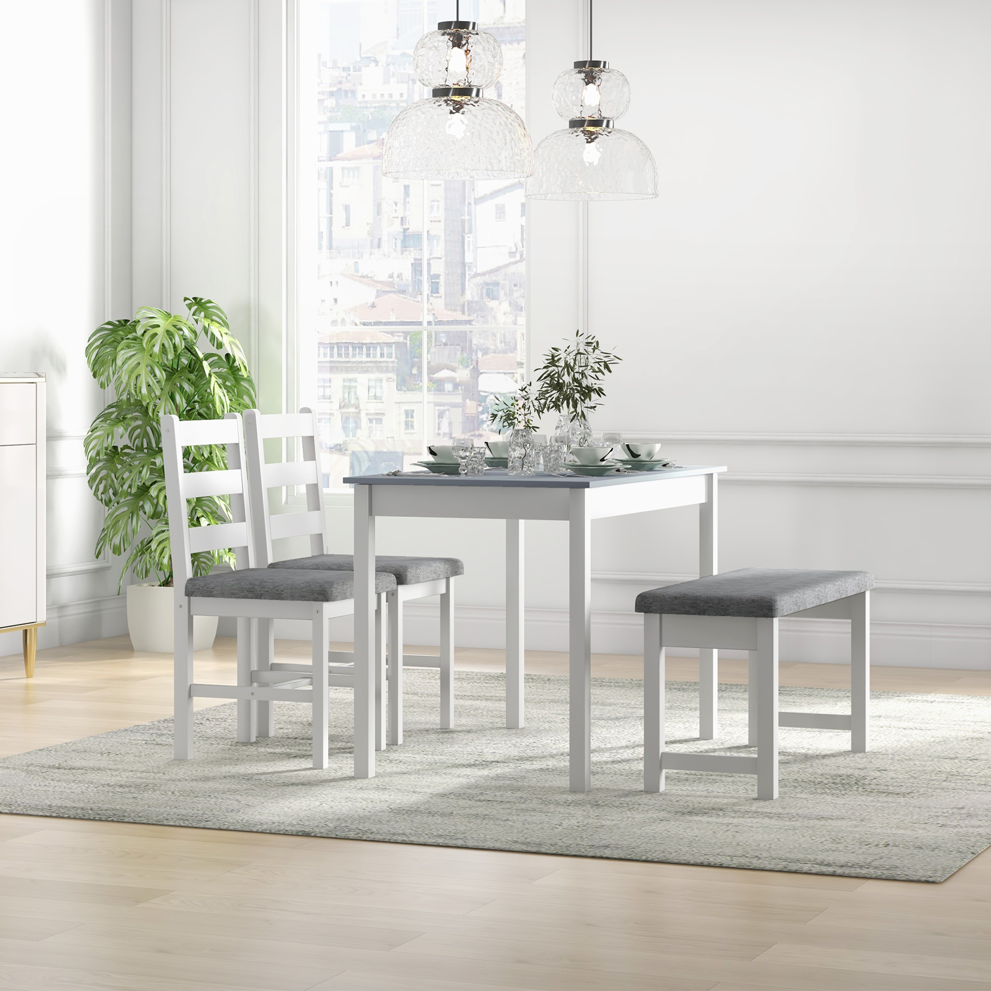 4-osaline söögikomplekt, hall + valge, 1 laud, 1 pink, 2 tooli
