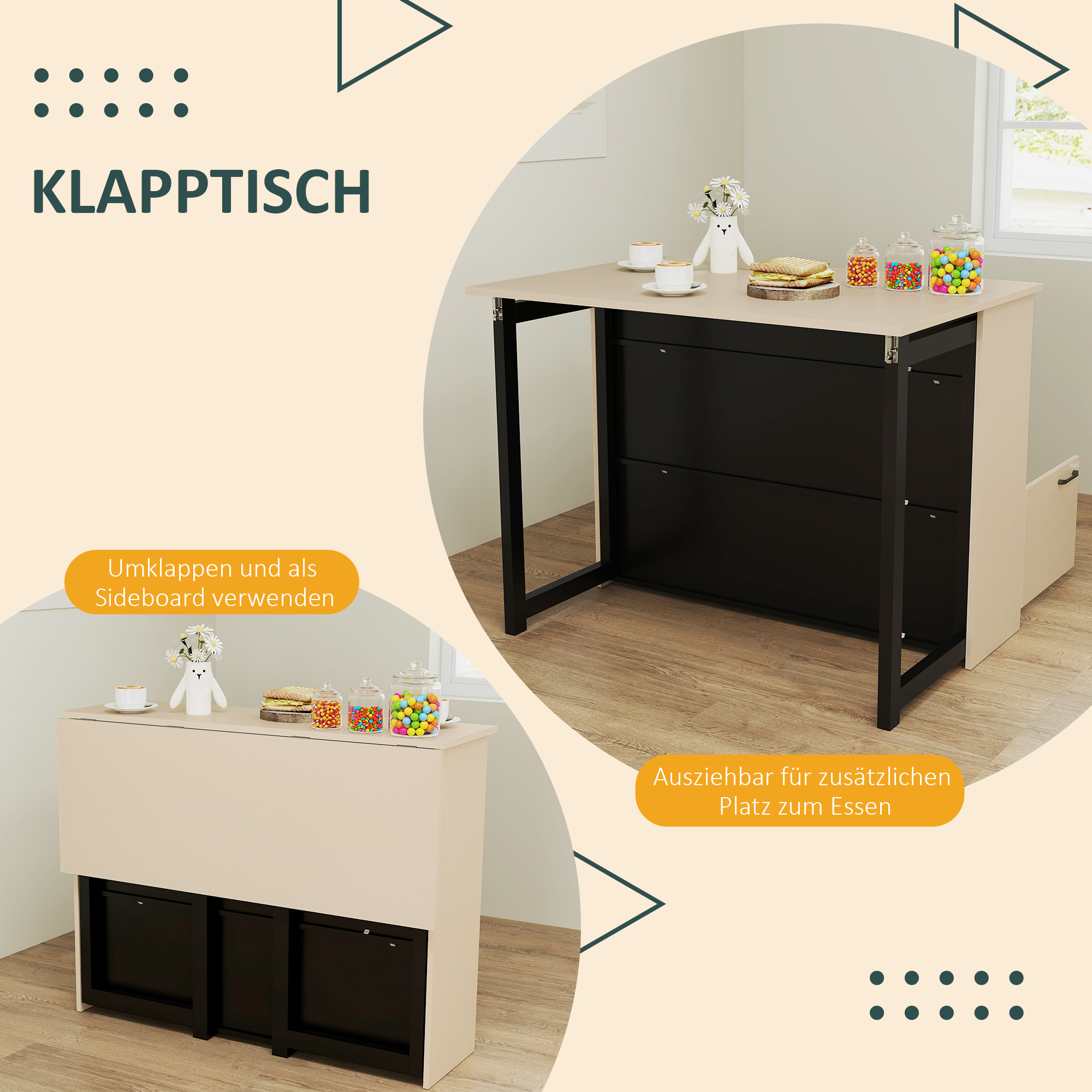3-osaline baarilaua komplekt, kokkupandav lauaplaat, 2 baaritooli, must + tamm, 116 x 70 x 89,5 cm