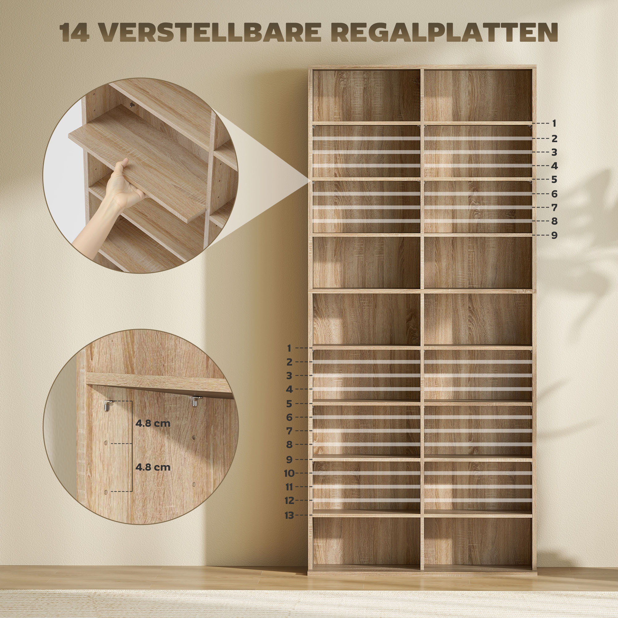 9-astmeline DVD riiul 18 jaotuse ja 14 reguleeritava riiuliga, naturaalne puit