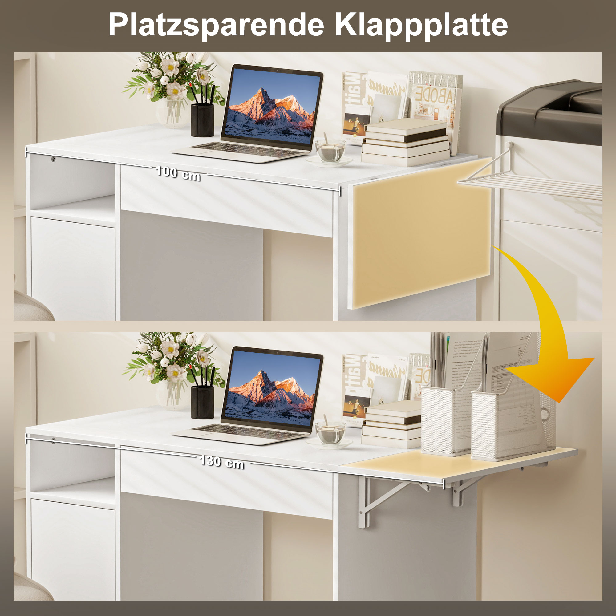 Kokkupandav arvutilaud kapi ja sahtliga, valge, 130 x 58 x 73,2 cm