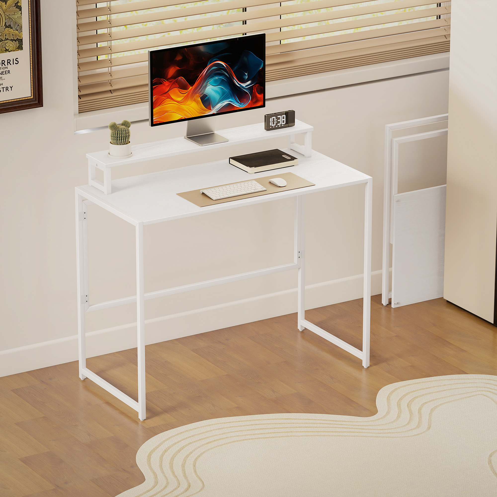Kokkupandav kirjutuslaud monitorialusega, valge, 100 x 48 x 87,5 cm