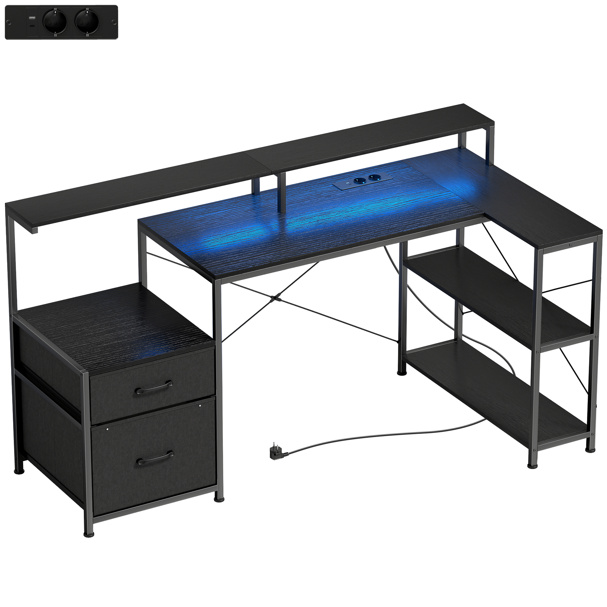 L-kujuline mängulaud LED-i ja pistikupesadega, 165 x 80 x 91,5 cm, must puiduimitatsioon