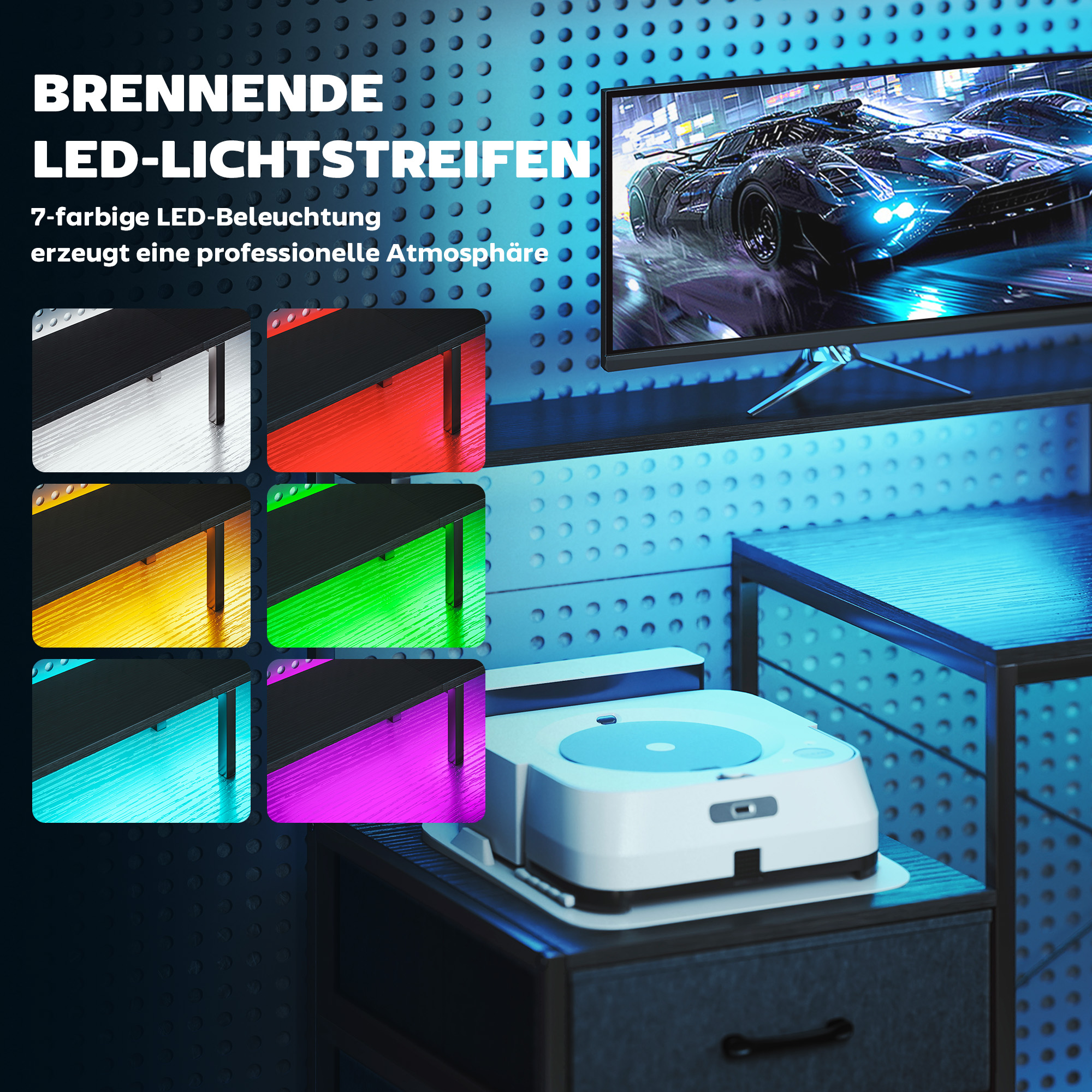 L-kujuline mängulaud LED-i ja pistikupesadega, 165 x 80 x 91,5 cm, must puiduimitatsioon
