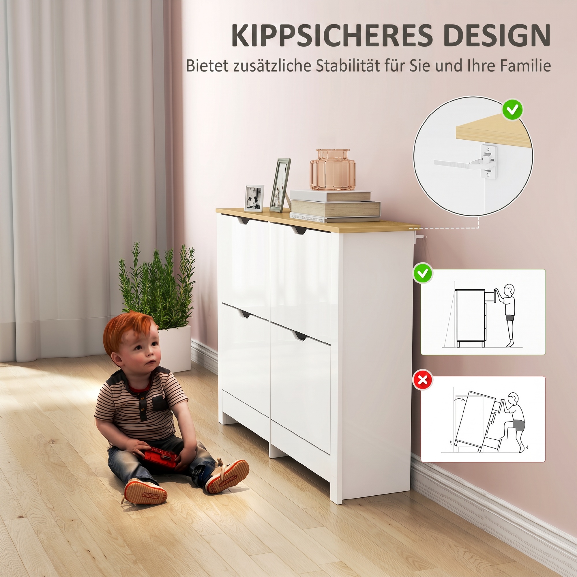 Kitsas jalanõukapp 4 klappsahtliga, 105 x 26 x 80 cm, valge + naturaalne