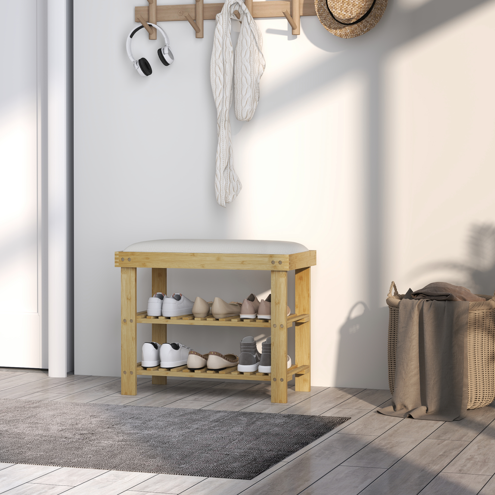 Jalatsipink hoiuruumiga, bambus, kreemvalge, 60 x 29 x 49 cm