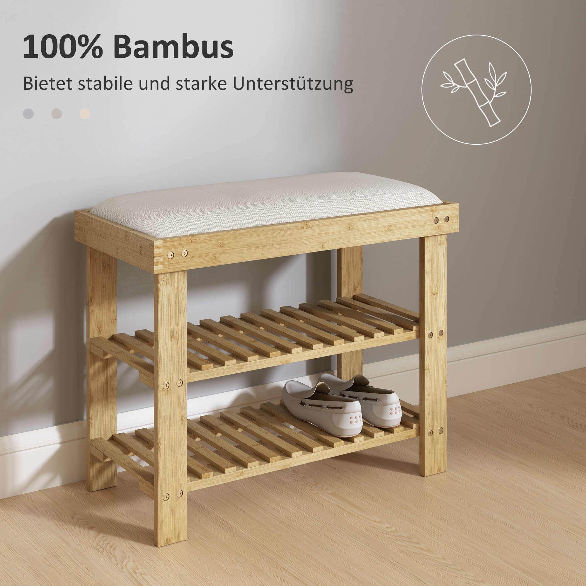 Jalatsipink hoiuruumiga, bambus, kreemvalge, 60 x 29 x 49 cm