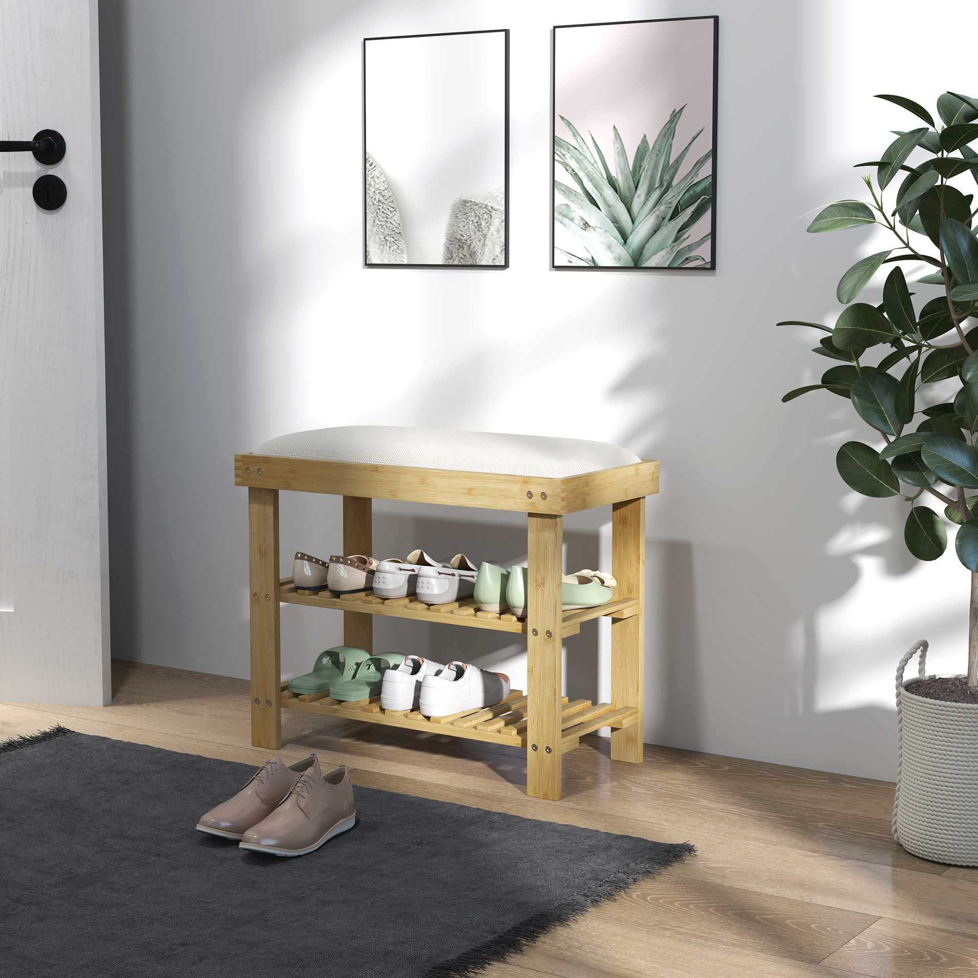 Jalatsipink hoiuruumiga, bambus, kreemvalge, 60 x 29 x 49 cm