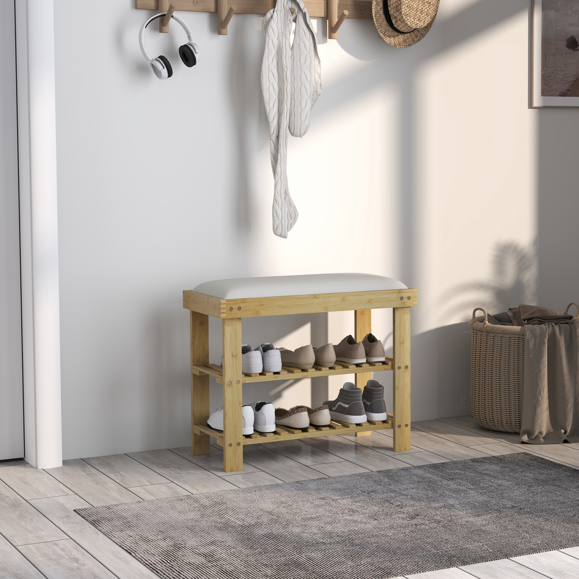 Jalatsipink hoiuruumiga, bambus, kreemvalge, 60 x 29 x 49 cm