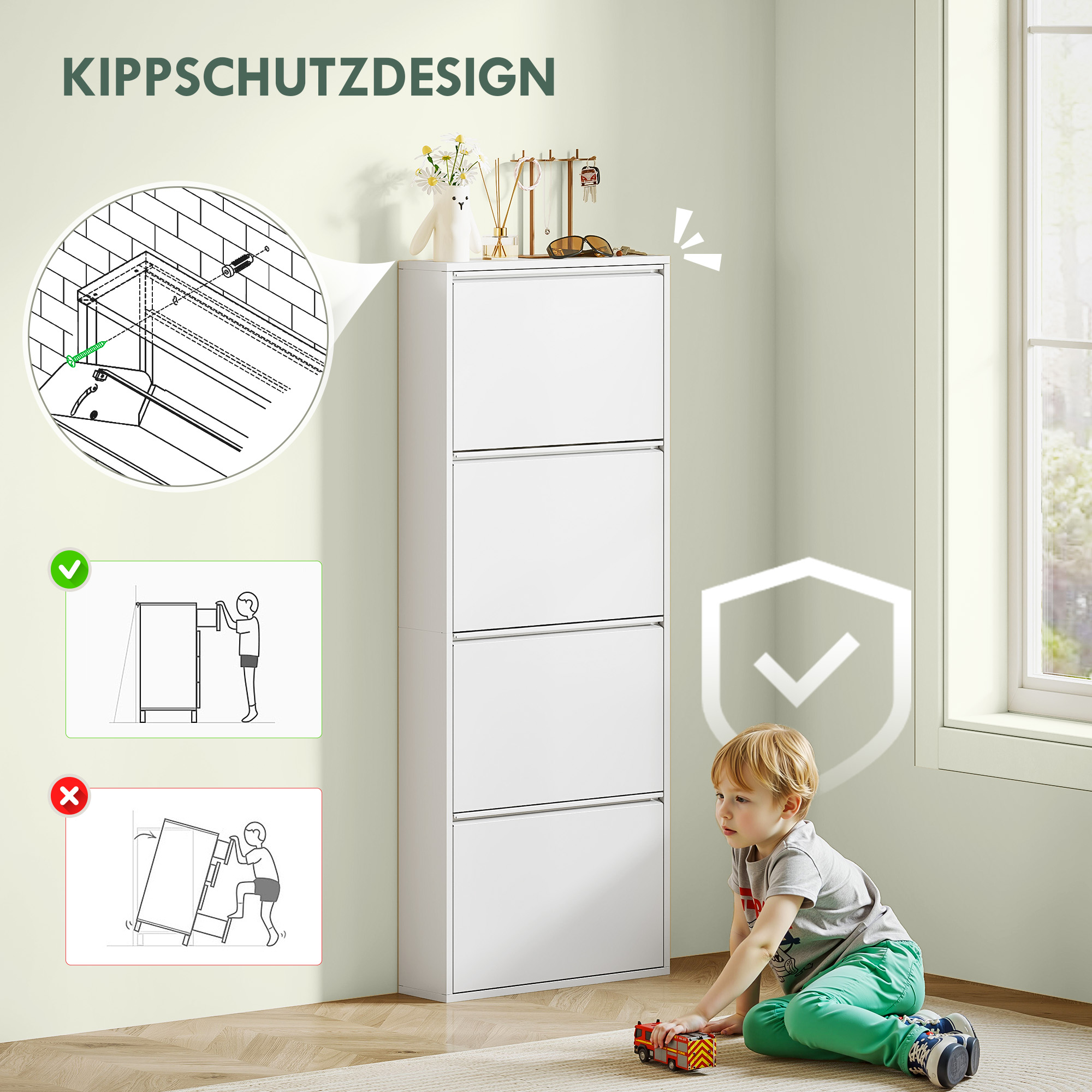 Sile metallist kingakapp, valge, 4 kallutatavat sahtlit, 55 x 15 x 139,5 cm