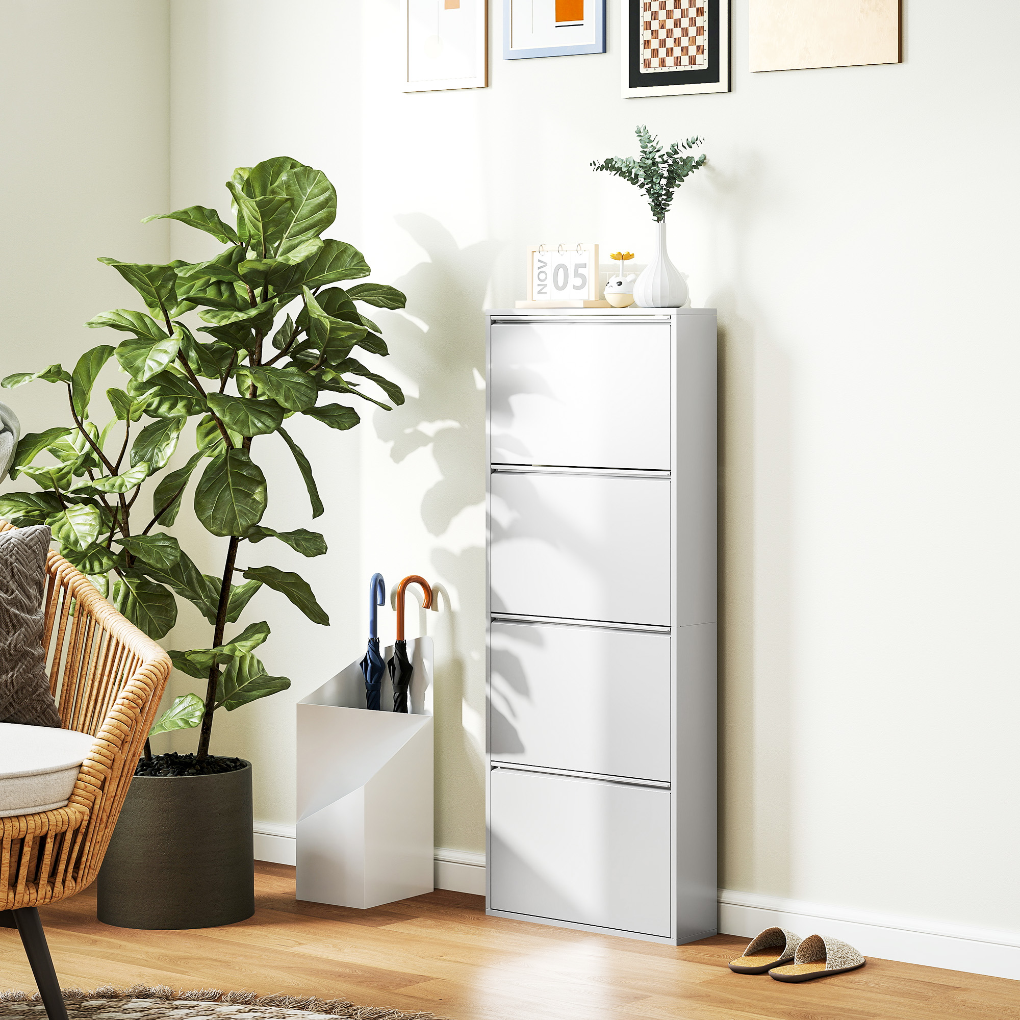 Sile metallist kingakapp, valge, 4 kallutatavat sahtlit, 55 x 15 x 139,5 cm