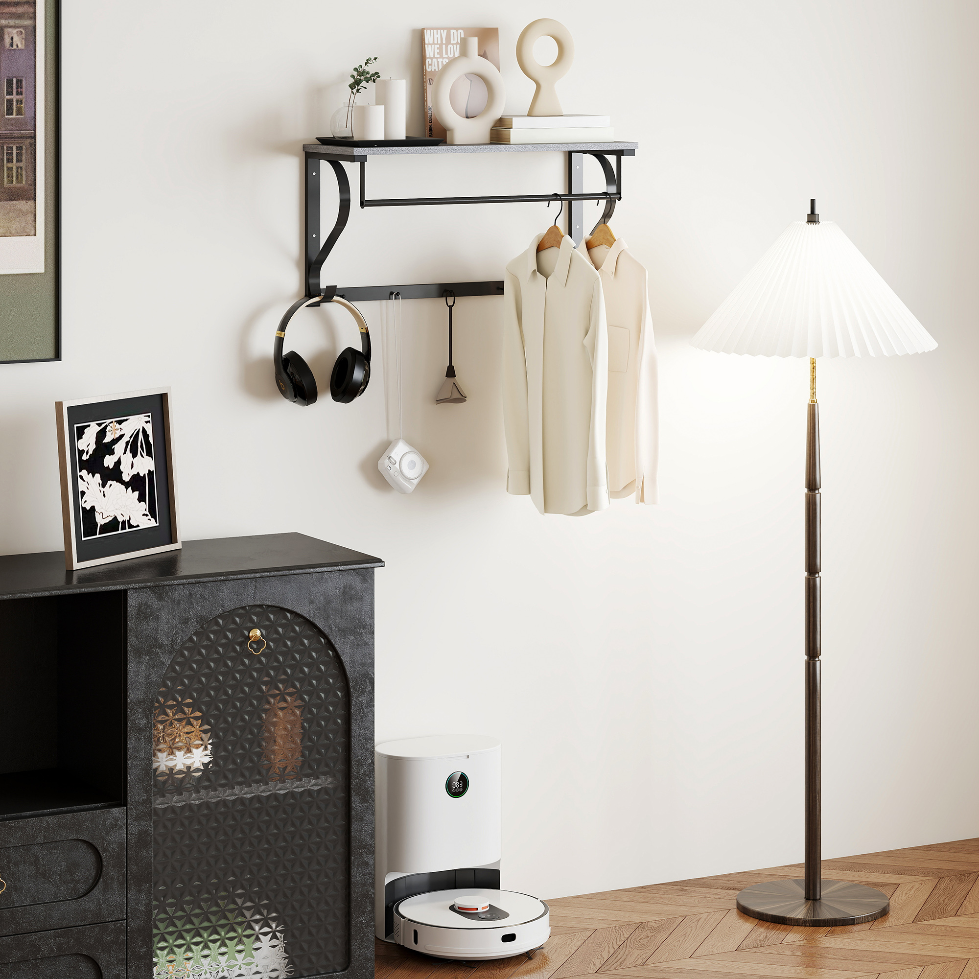 Seinale kinnitatav riidepuualus, hall, 5 konksu, 70 x 25 x 35,4 cm
