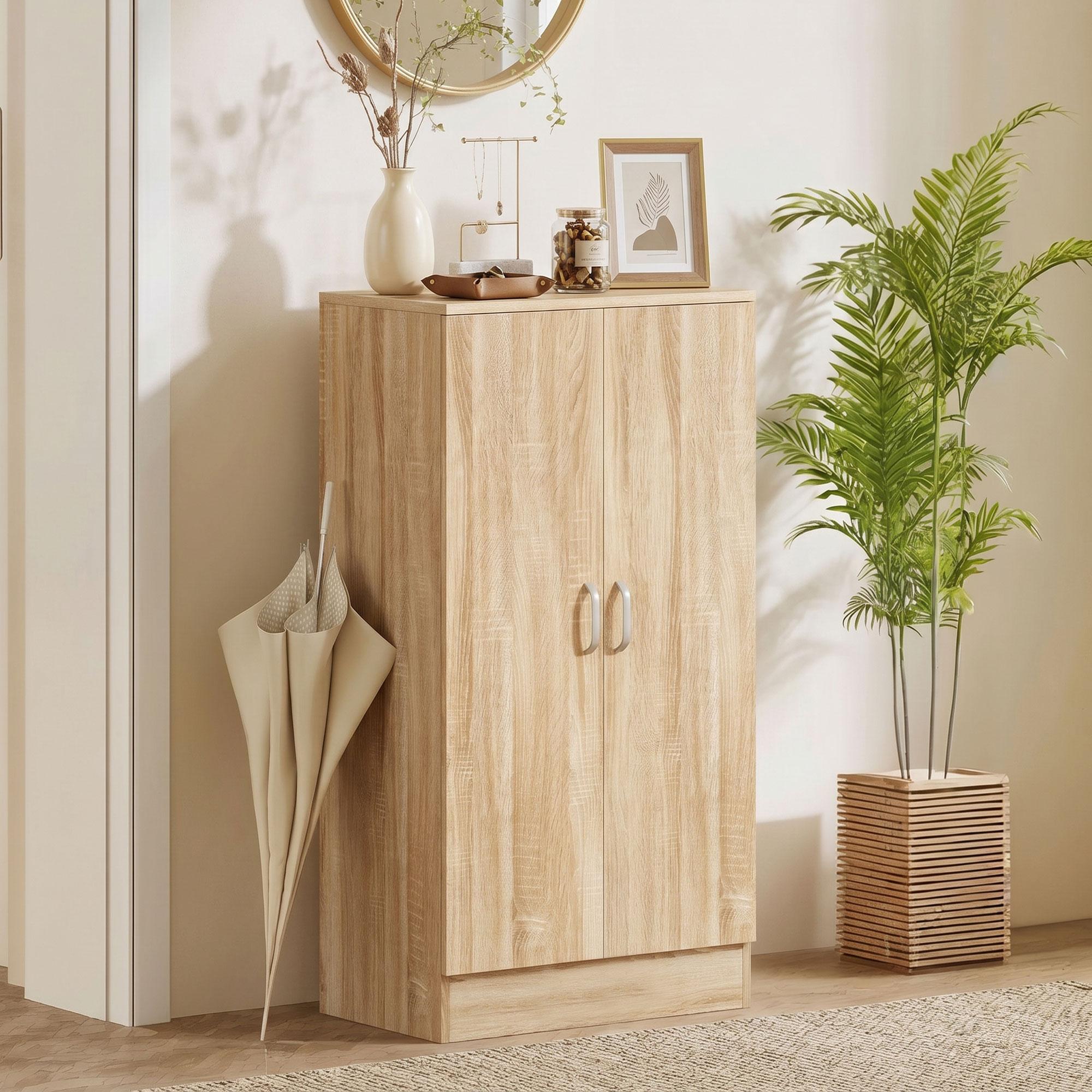 Kingakapp 2 uksega, 6 reguleeritavat riiulit, naturaalse puidu tooni, 55 x 35 x 108 cm